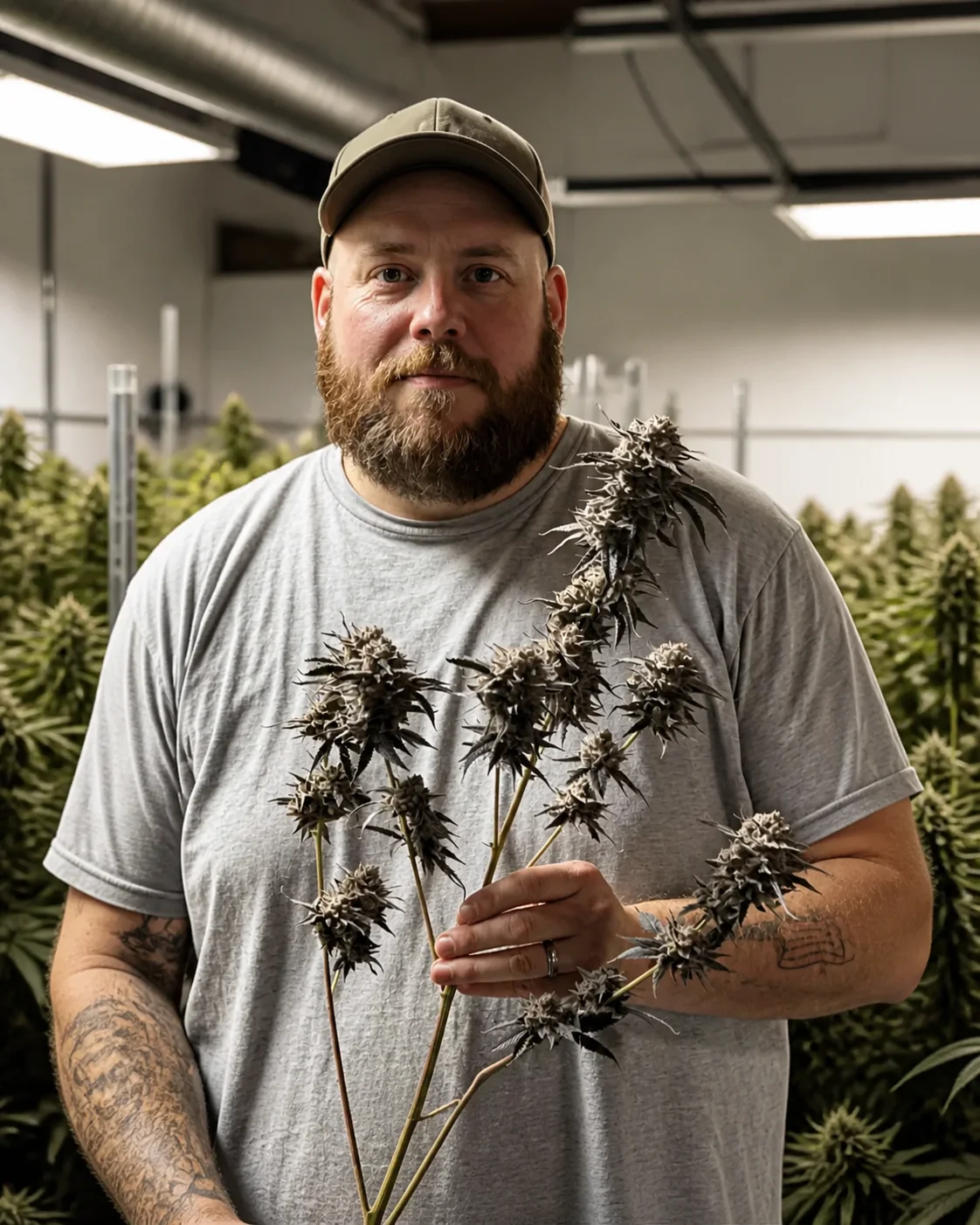 Chris Estes holding flowering cannabis branches inside the Mainezilla cultivation room