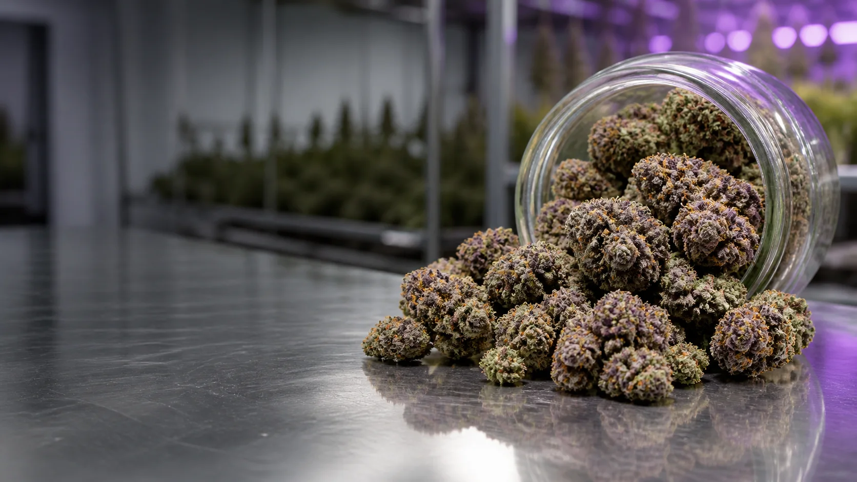 Purple cannabis flower beside a glass harvest jar in Mainezilla's indoor garden