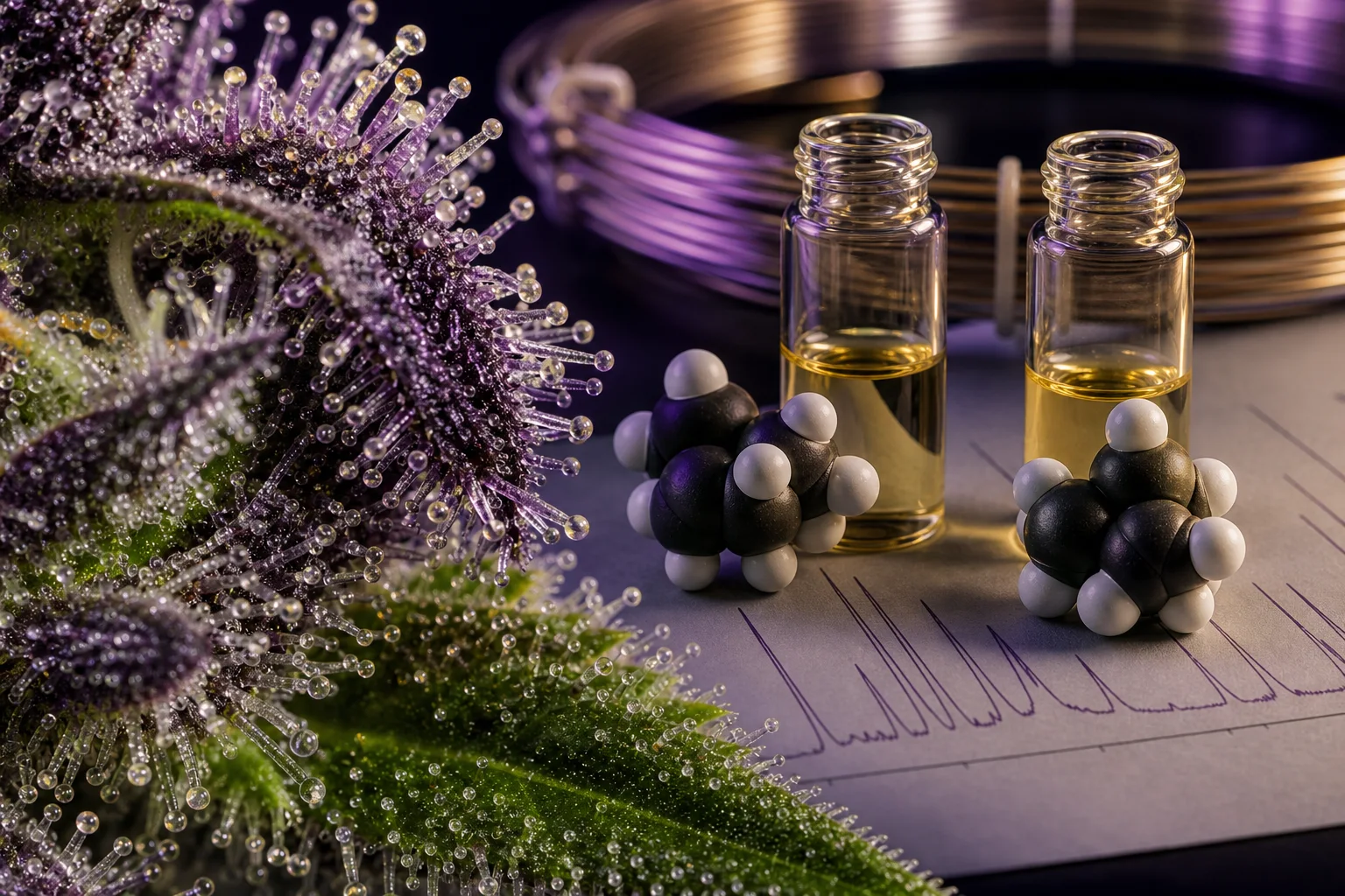 Macro photo of cannabis glandular trichomes with small vials and molecular models of pinene near a GC column and faint chromatogram; purple, cream and acid‑green accents.