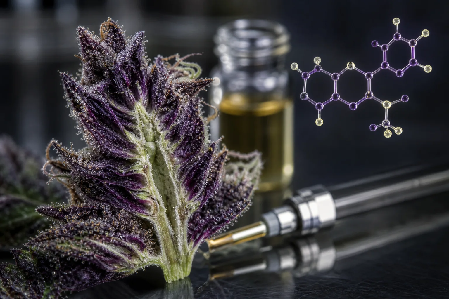 Macro photo of a cannabis bract with deep purple anthocyanin coloration, trichomes, an HPLC vial and a cyanidin molecular model; scientific, non‑commercial composition.