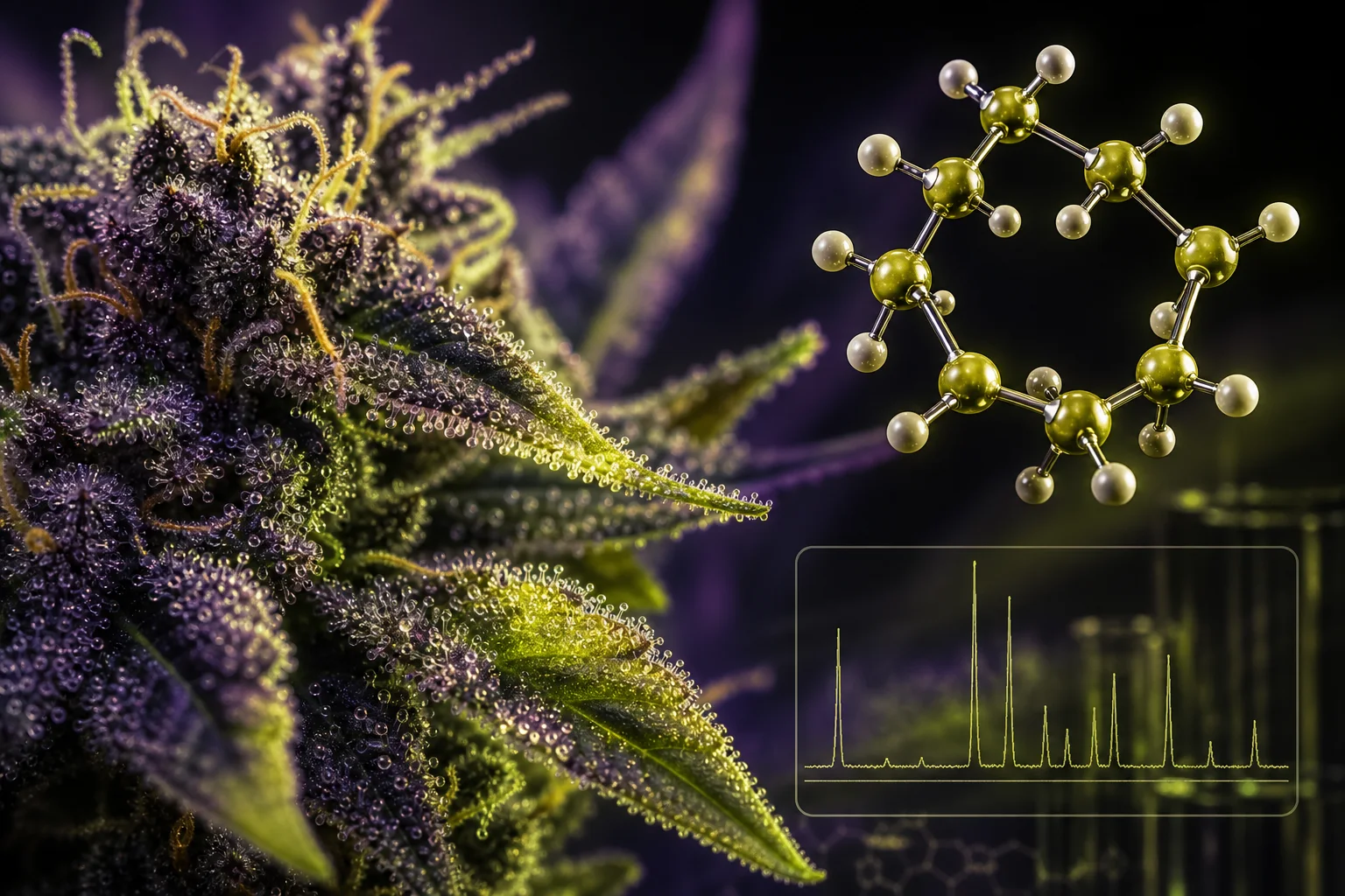 Macro photo of a resinous cannabis bud beside a molecular model of β‑caryophyllene, with muted purple and acid‑green accents and a translucent chromatogram overlay.