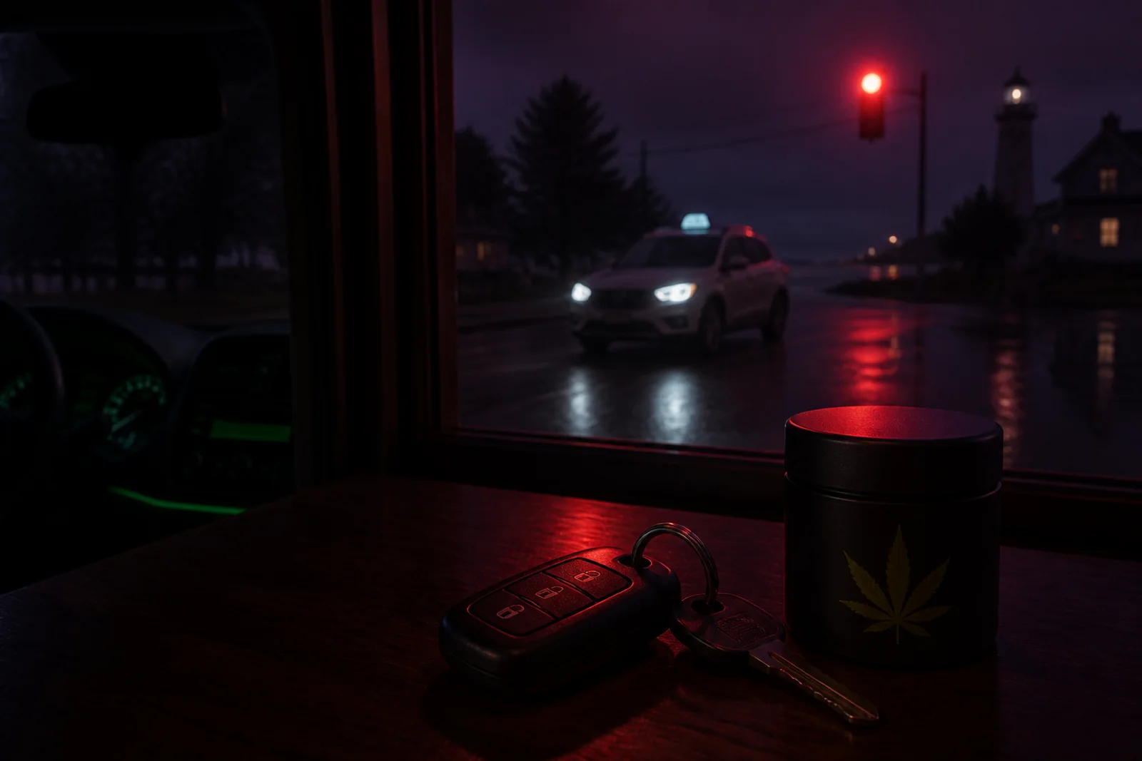 Car keys set aside beside a cannabis container and a clear stop symbol on a dark tabletop