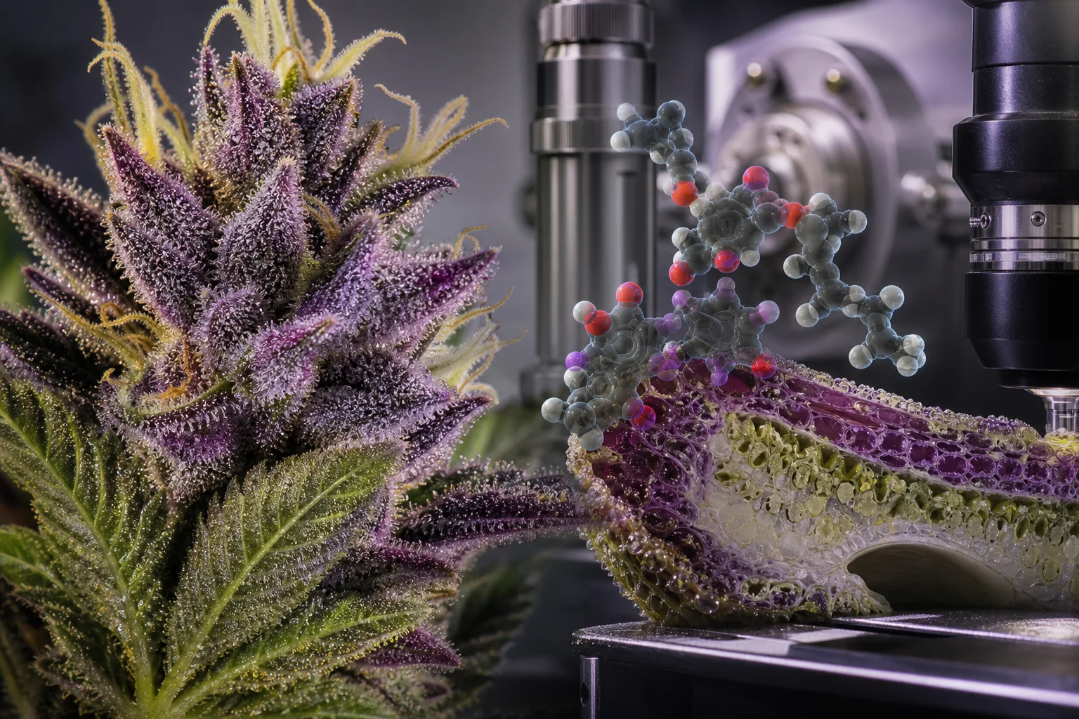Macro image of a cannabis floral bract with a microscope cross‑section and a 3D molecular model of a cannflavin‑type flavonoid; hints of HPLC hardware in soft focus.