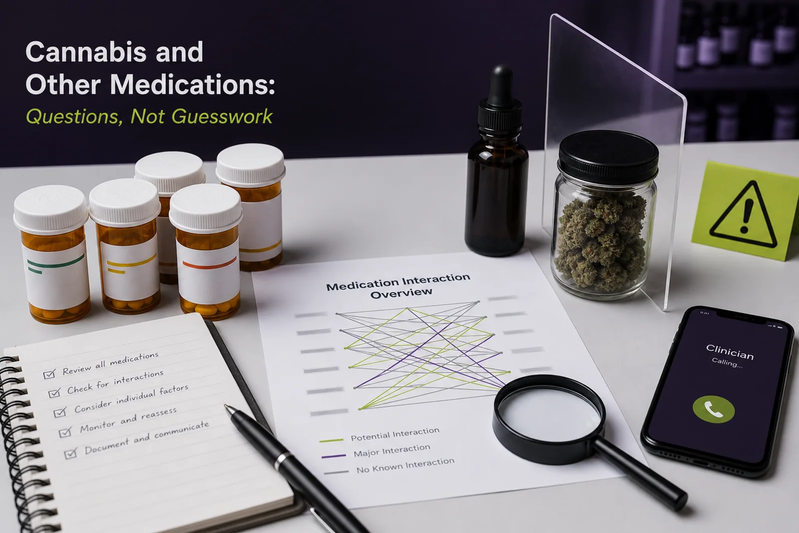 Medication bottles, cannabis reference material, and an interaction diagram on a clinician's desk