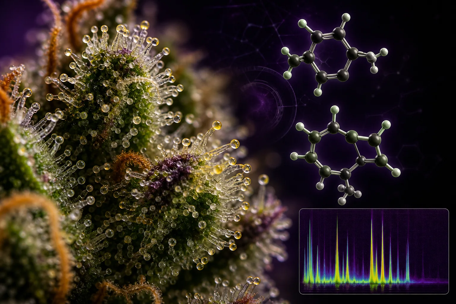 Macro macrophoto of cannabis trichomes with semi-transparent molecular models of limonene and β‑caryophyllene and an inset chromatographic gradient.
