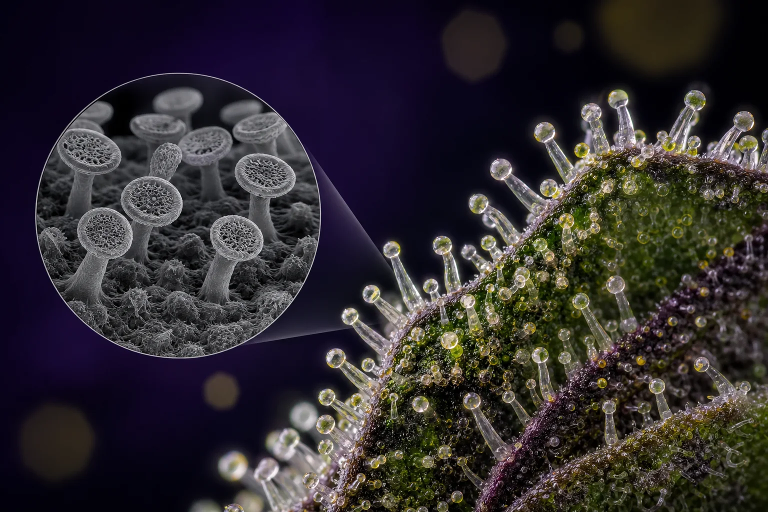 Composite macro photograph and SEM inset of a Cannabis female bract densely covered in stalked glandular trichomes.