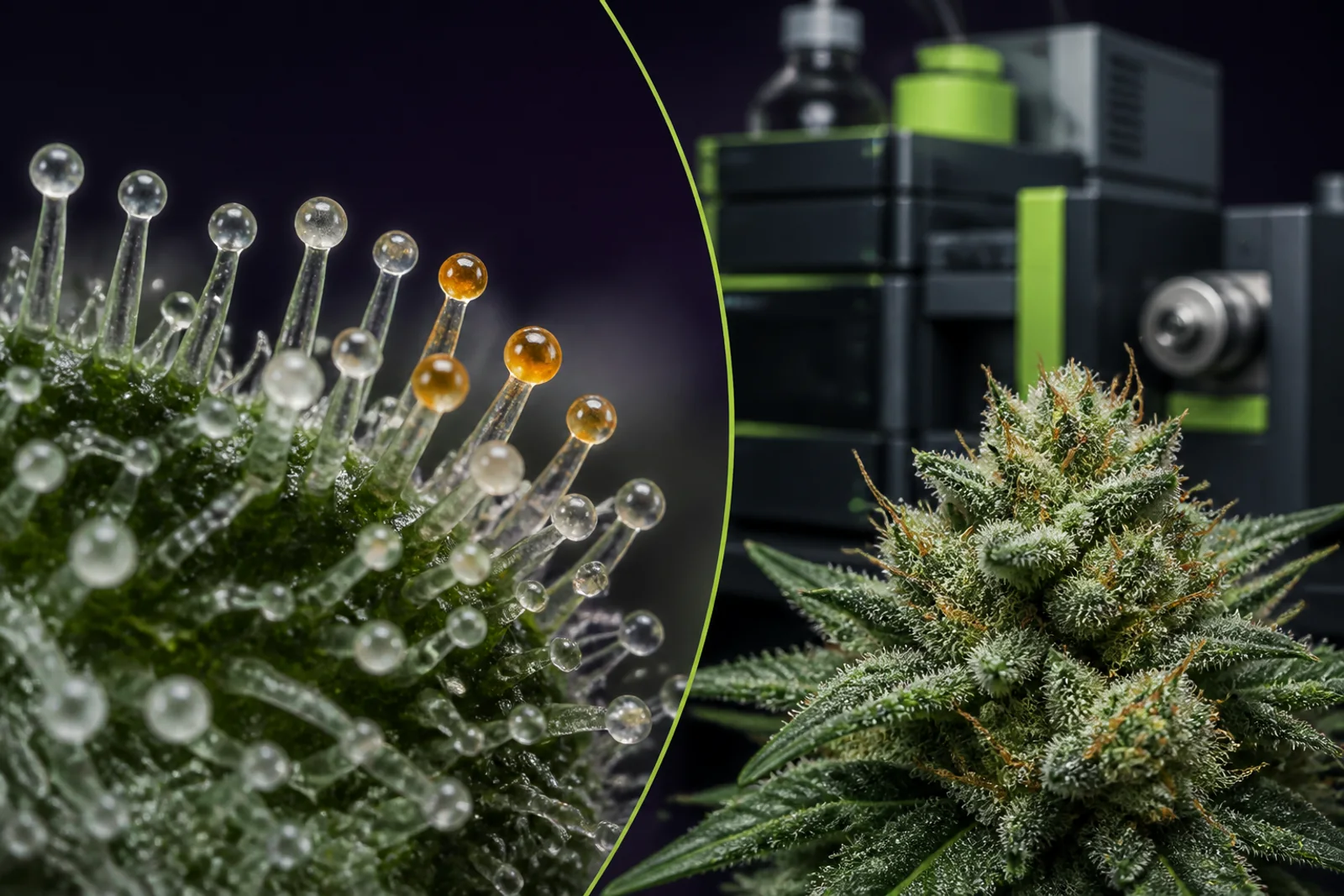 cannabis-trichome heads under extreme magnification beside a mature flower and microscope