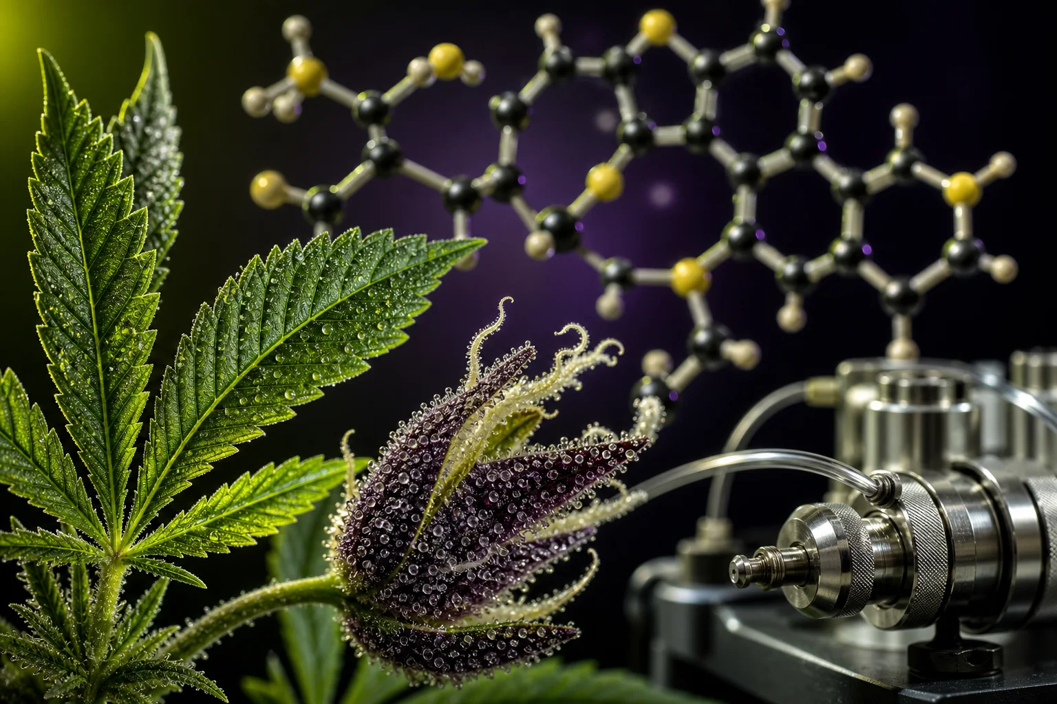 Macro shot of a Cannabis leaf and bract with a floating molecular model of cannflavin A and a blurred HPLC column in the background, in purple, cream, yellow, and acid‑green tones.