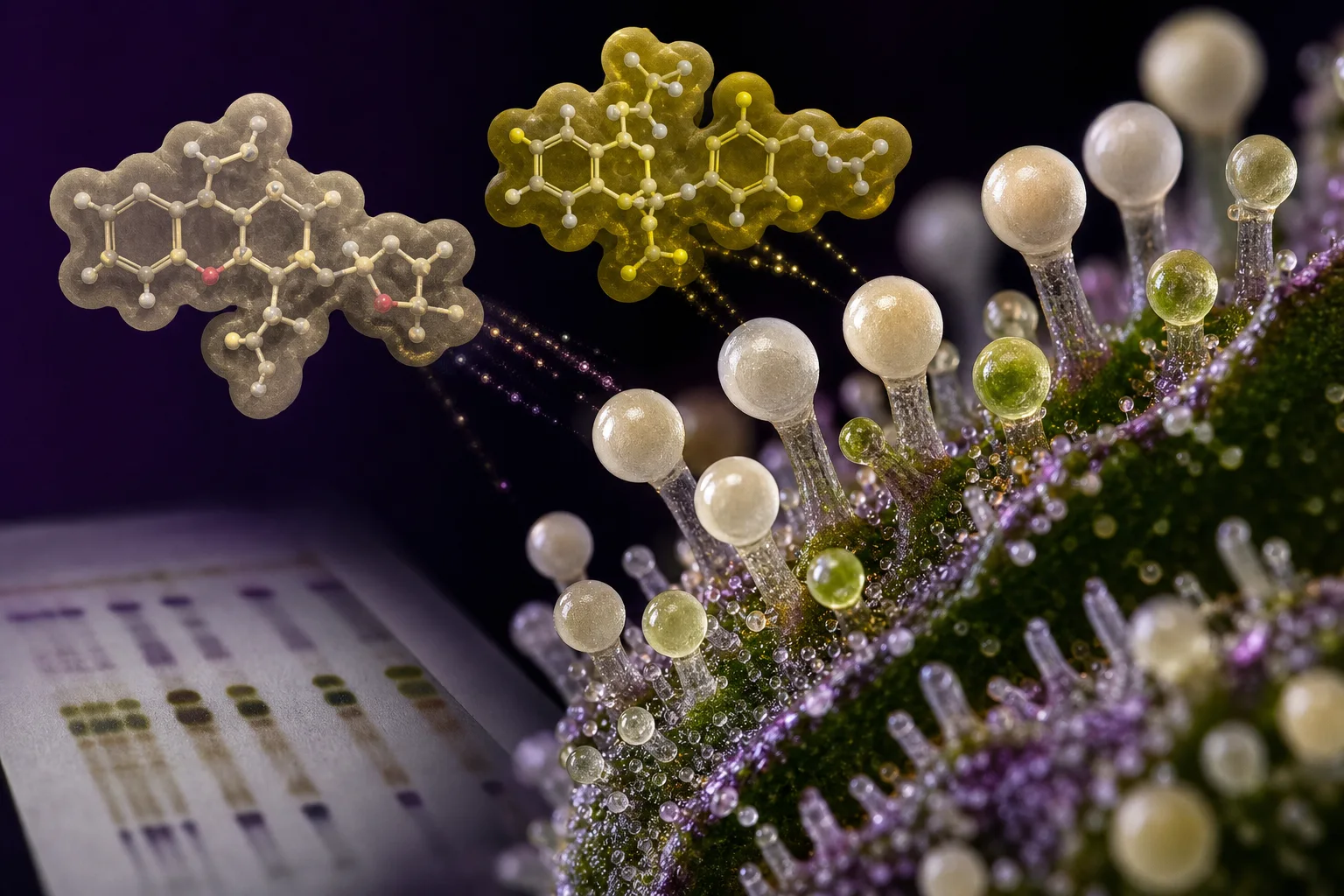 Macro image of Cannabis glandular trichomes with rendered molecular models of cannflavin structures and a faint chromatographic smear.