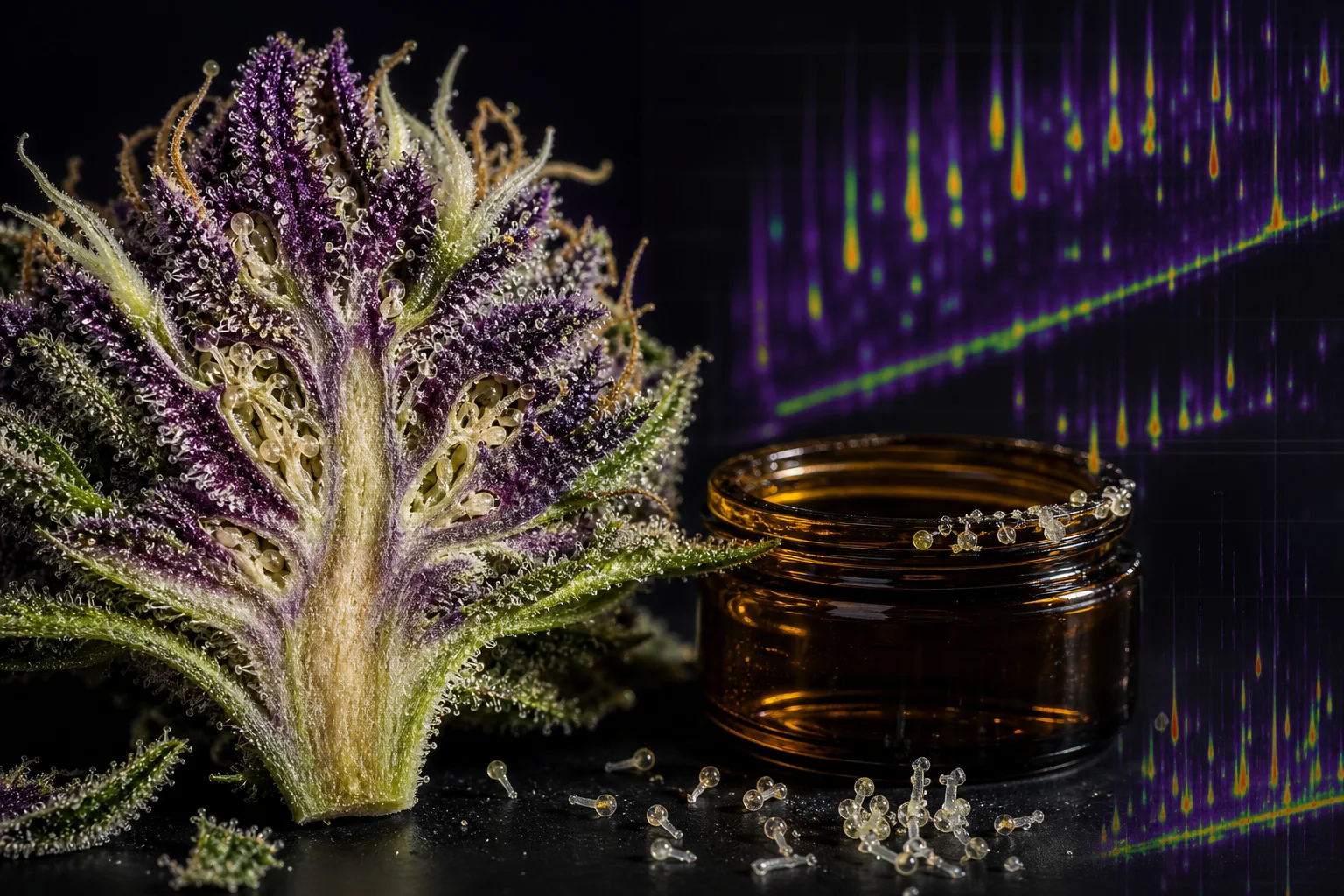 Macro cross‑section of a trichome‑laden cannabis bud beside a faint GC×GC heatmap overlay and an open amber jar; deep purples and acid greens on a black background.