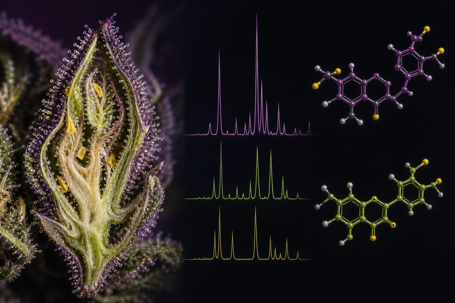 Macro cross‑section of a cannabis flower beside an LC–MS chromatogram and molecular models of a cannflavin and a flavonol on a dark backdrop.