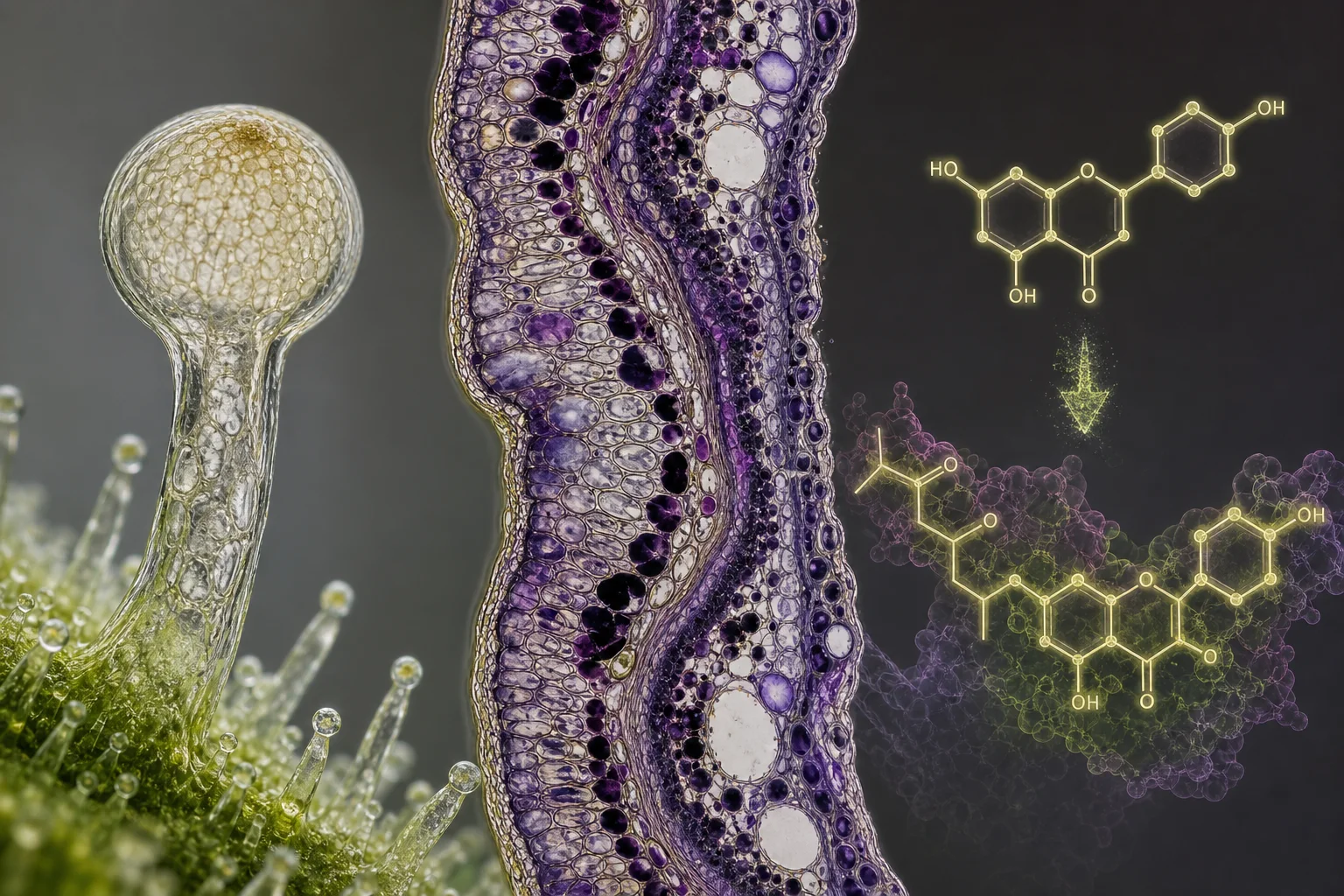 Macro-micro composite: Cannabis trichome and flower cross-section with an overlaid chemical schematic showing luteolin being methylated and prenylated to form cannflavins.