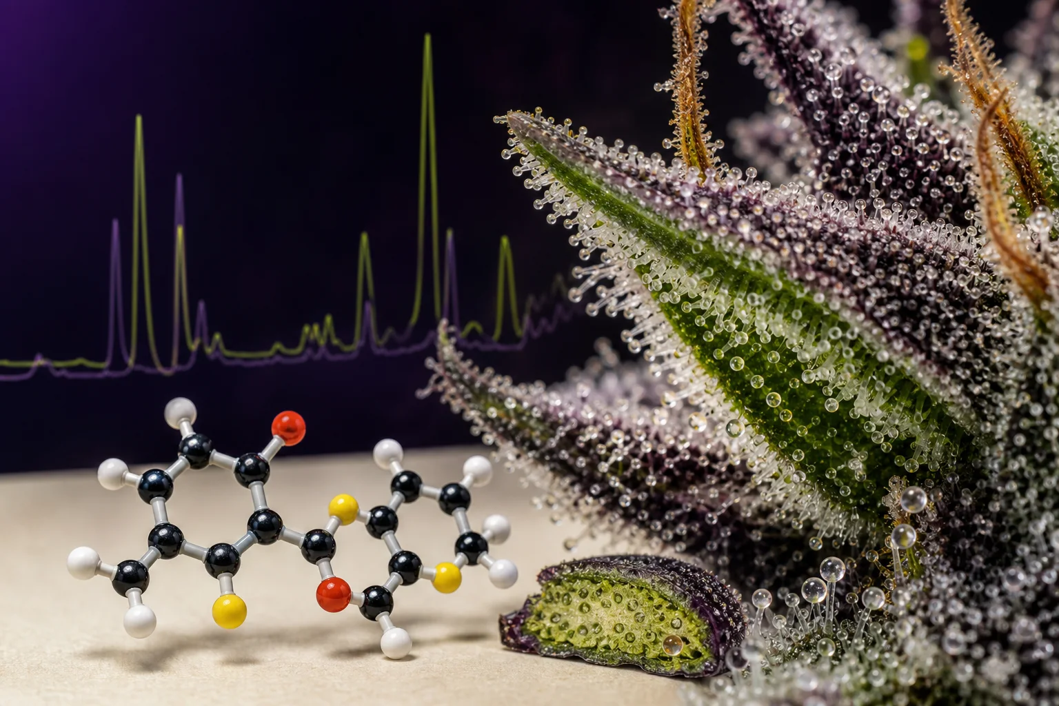 Macro photograph of a cannabis bract and trichomes with a fading chromatogram and a ball‑and‑stick flavone model, in purple, cream, and acid‑green tones.