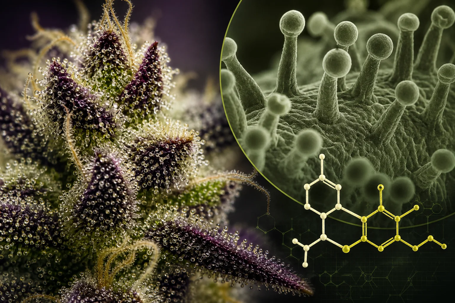 Macro photo of Cannabis flowers with close-up microscopy inset showing intact glandular trichomes and a small molecular model; rich purples, creams, and acid‑green accents.
