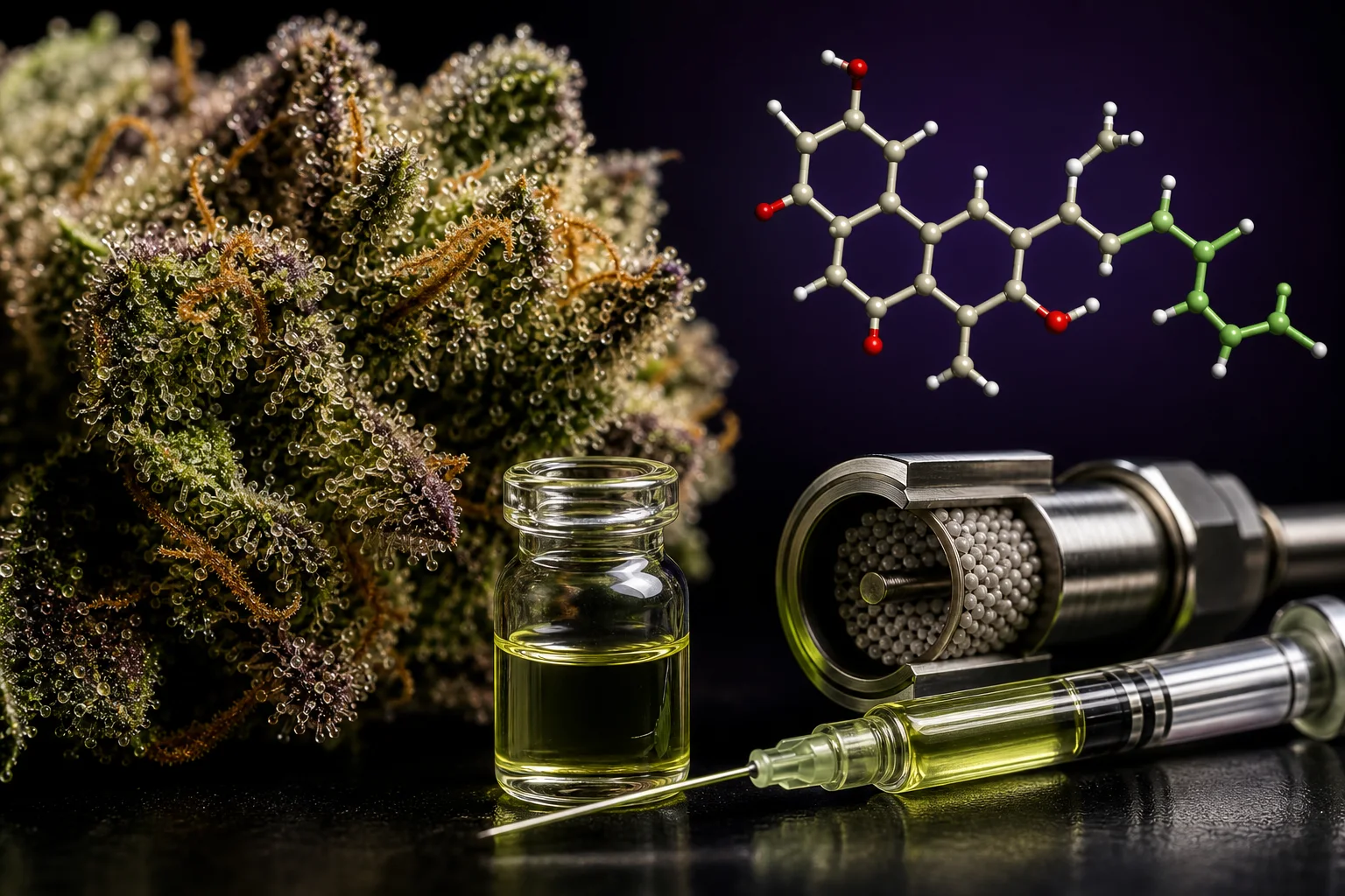 Macro photograph of a cannabis bud with trichomes, a vial of extract and a UHPLC column alongside a scientific molecular model of cannflavin A against a deep purple background.