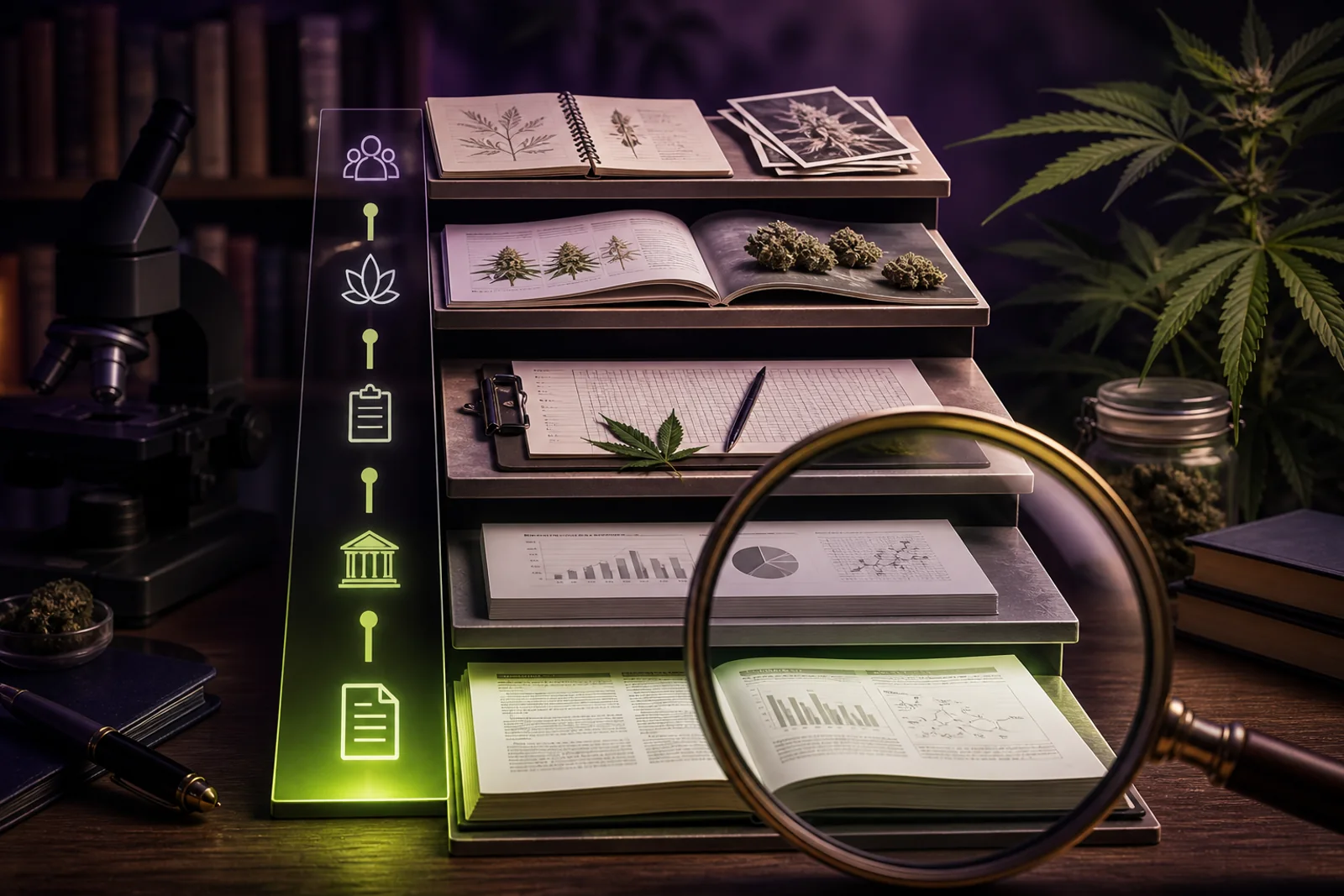 Cannabis evidence sources arranged from personal reports through records, institutions, and scientific publications