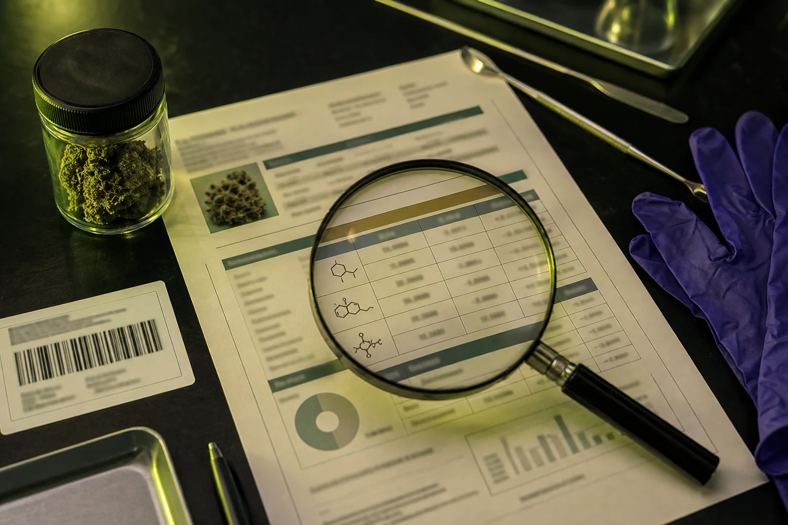 Cannabis flower beside a laboratory certificate of analysis, magnifying glass, vials, and testing tools