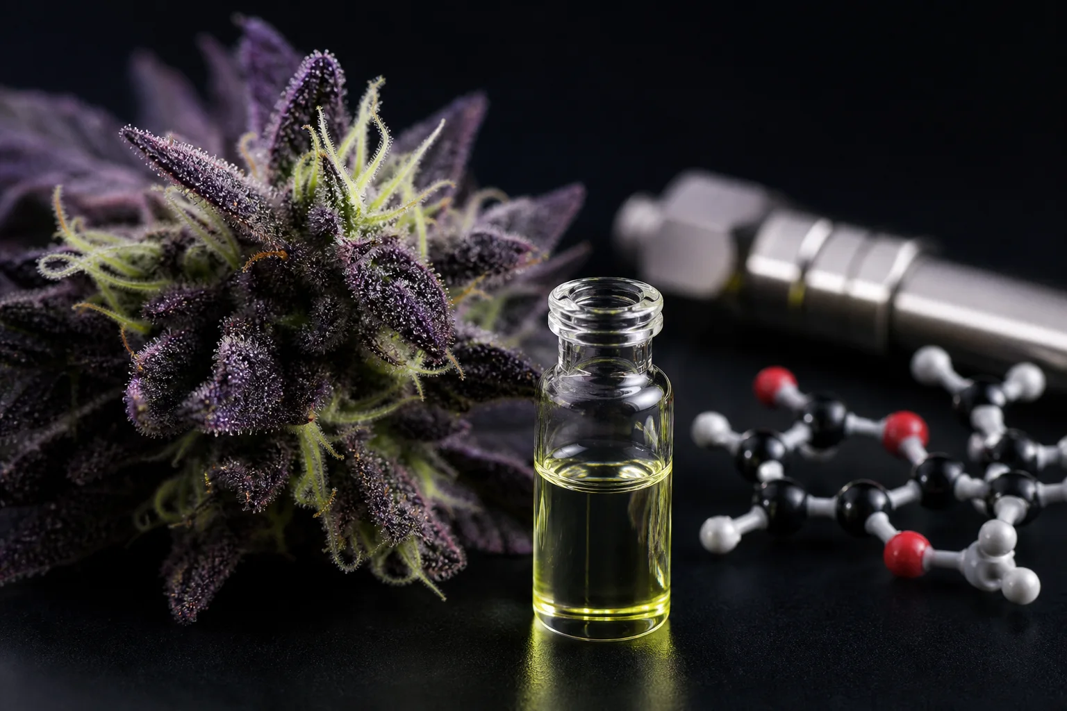 Macro photo of a cannabis flower segment beside an HPLC vial and a chromatography column, with a molecular ball‑and‑stick model; deep purple, black, cream, and acid‑green accents.