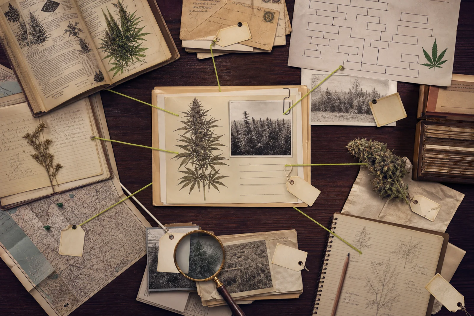 Archival cannabis photographs, botanical records, maps, family trees, and specimen tags linked across a research table