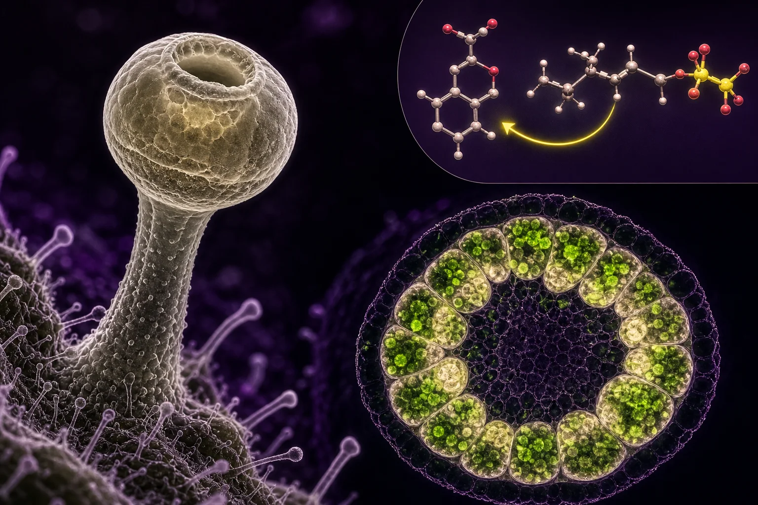 Macro/microscopy composite of a mature Cannabis glandular trichome head with plastids highlighted and a molecular inset showing olivetolic acid meeting geranyl diphosphate.