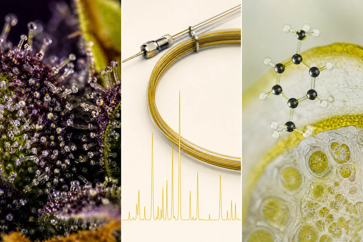 Macro trichomes on cannabis bud, a chromatographic column with a schematic trace, and a translucent molecular model of limonene over citrus peel — visually linking plant source, analytical measurement, and chemical structure.
