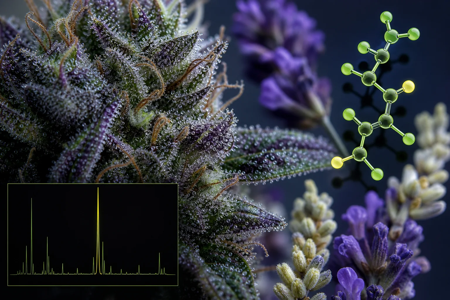 Macro photograph of cannabis trichomes with a nearby lavender sprig and a translucent linalool molecular model; inset shows a schematic chromatogram peak.