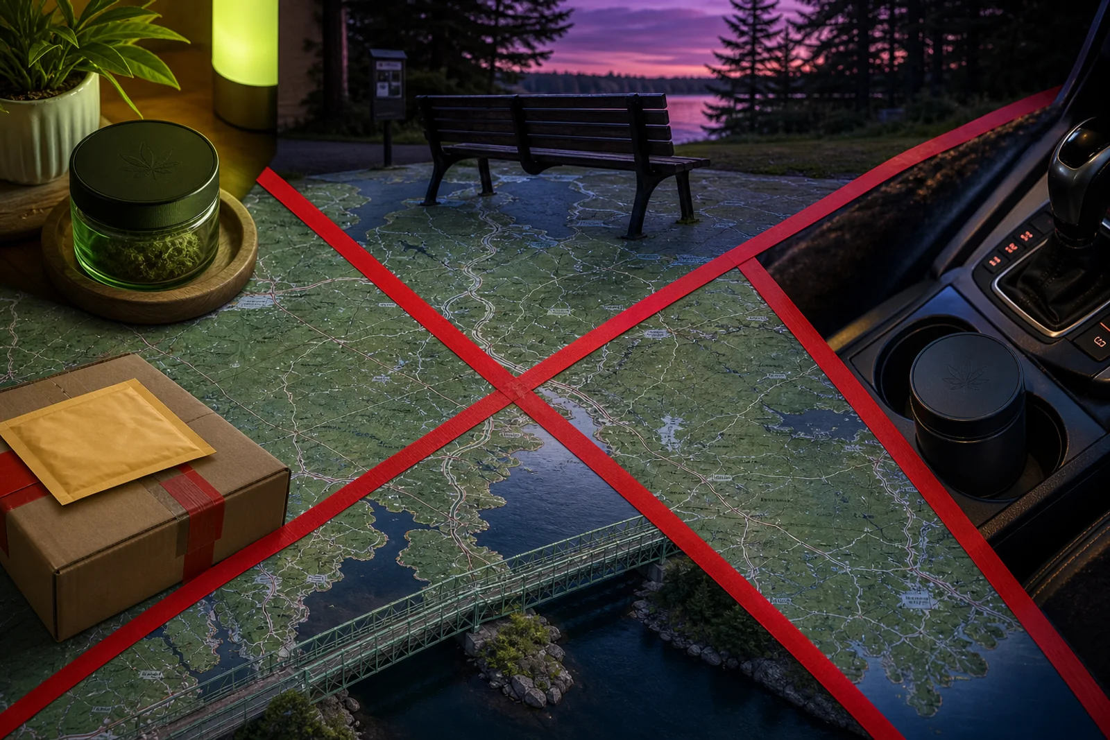 Maine map surrounded by public-place, vehicle, state-line, and federal-boundary warning symbols