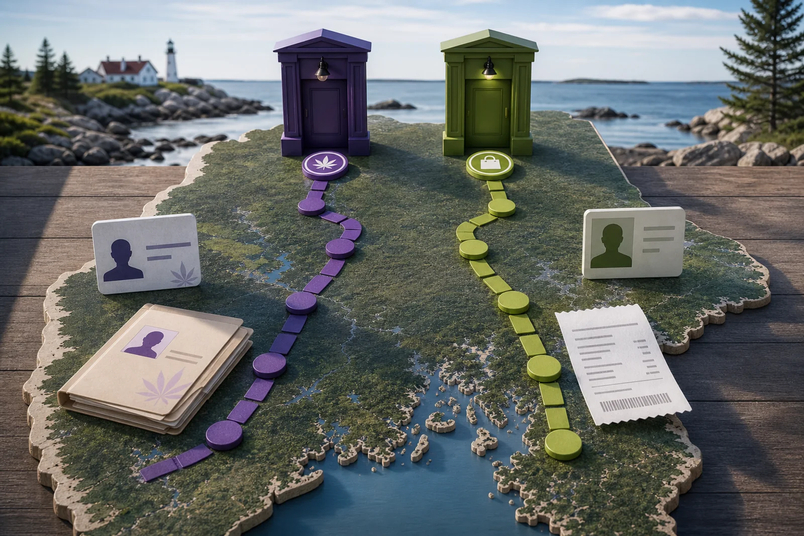 Two clearly separated Maine cannabis pathways represented by medical records and adult-use regulatory materials