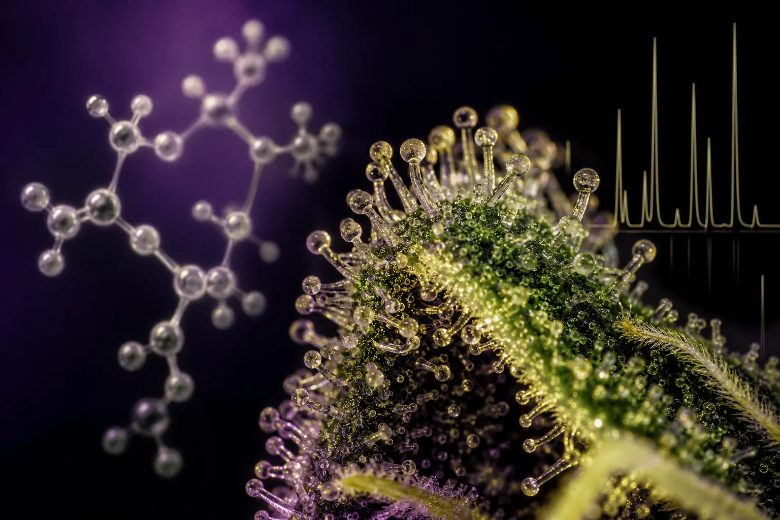 Macro botanical photo of cannabis glandular trichomes with an adjacent translucent molecular model of myrcene and a faint chromatogram trace; deep purple, cream, and acid‑green accents.