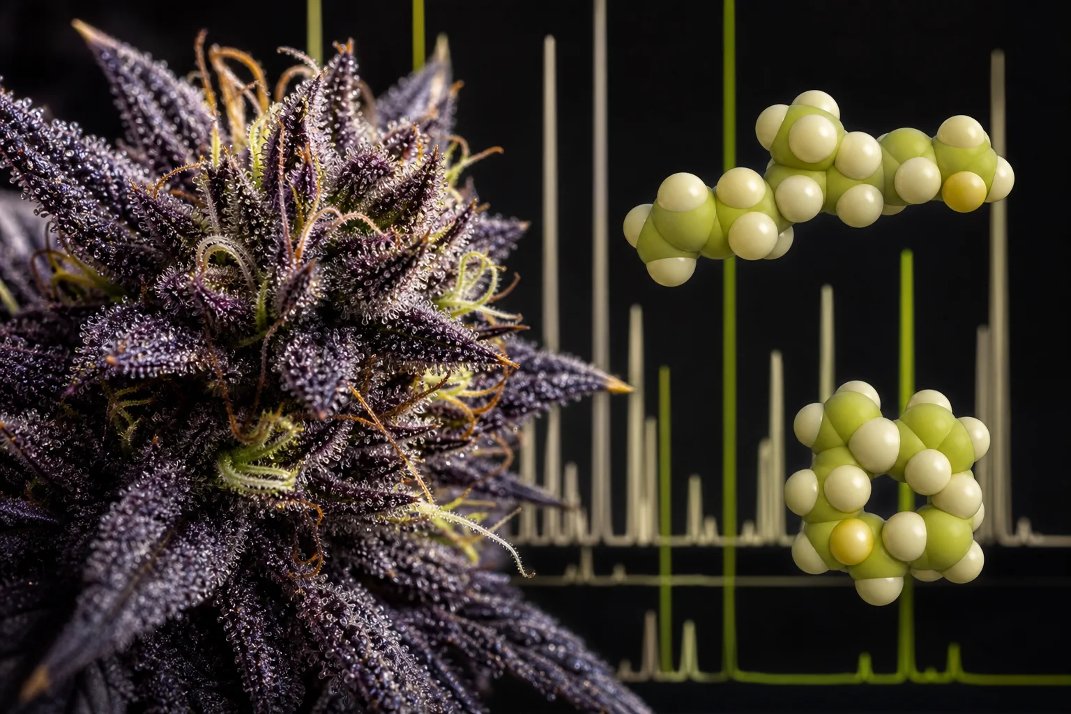 Macro view of cannabis trichomes beside stylized molecular models of ocimene and humulene with a blurred chromatographic trace in the background.