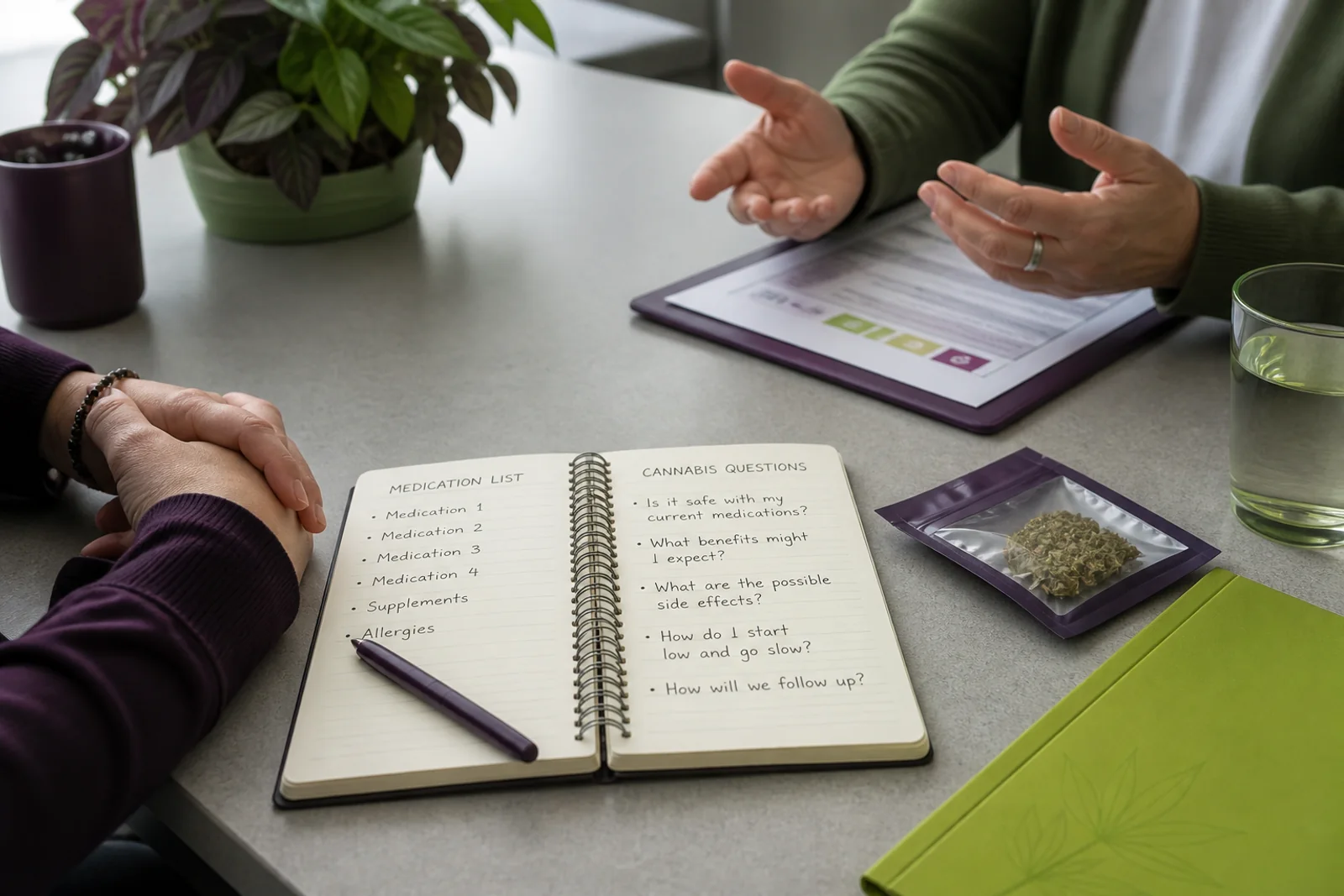 Adult patient and clinician reviewing a medication list, cannabis questions, and notes together