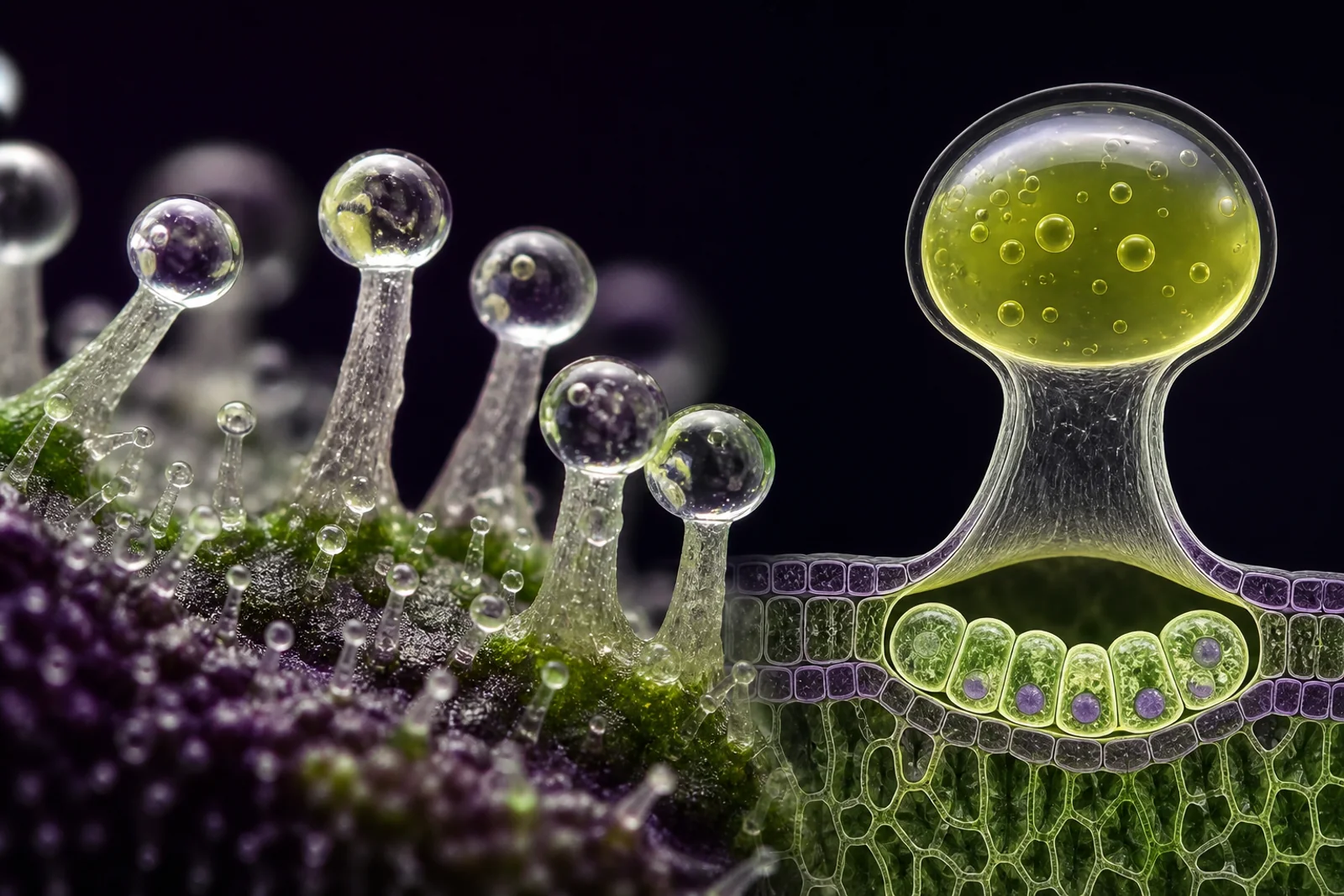 Macro view and cutaway illustration of capitate-stalked glandular trichomes on cannabis flower