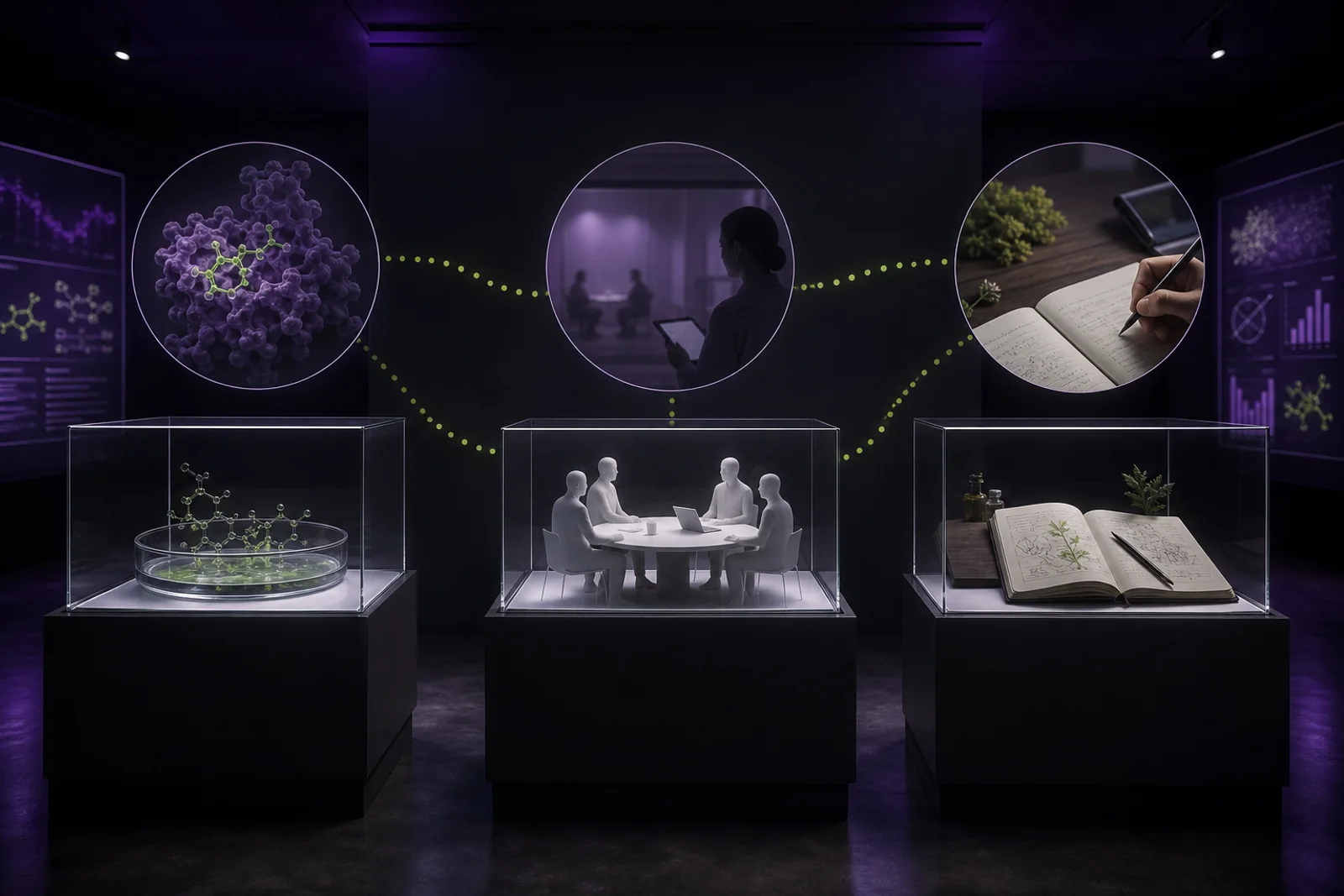 Three research stations separating molecular experiments, controlled human research, and personal aroma observations