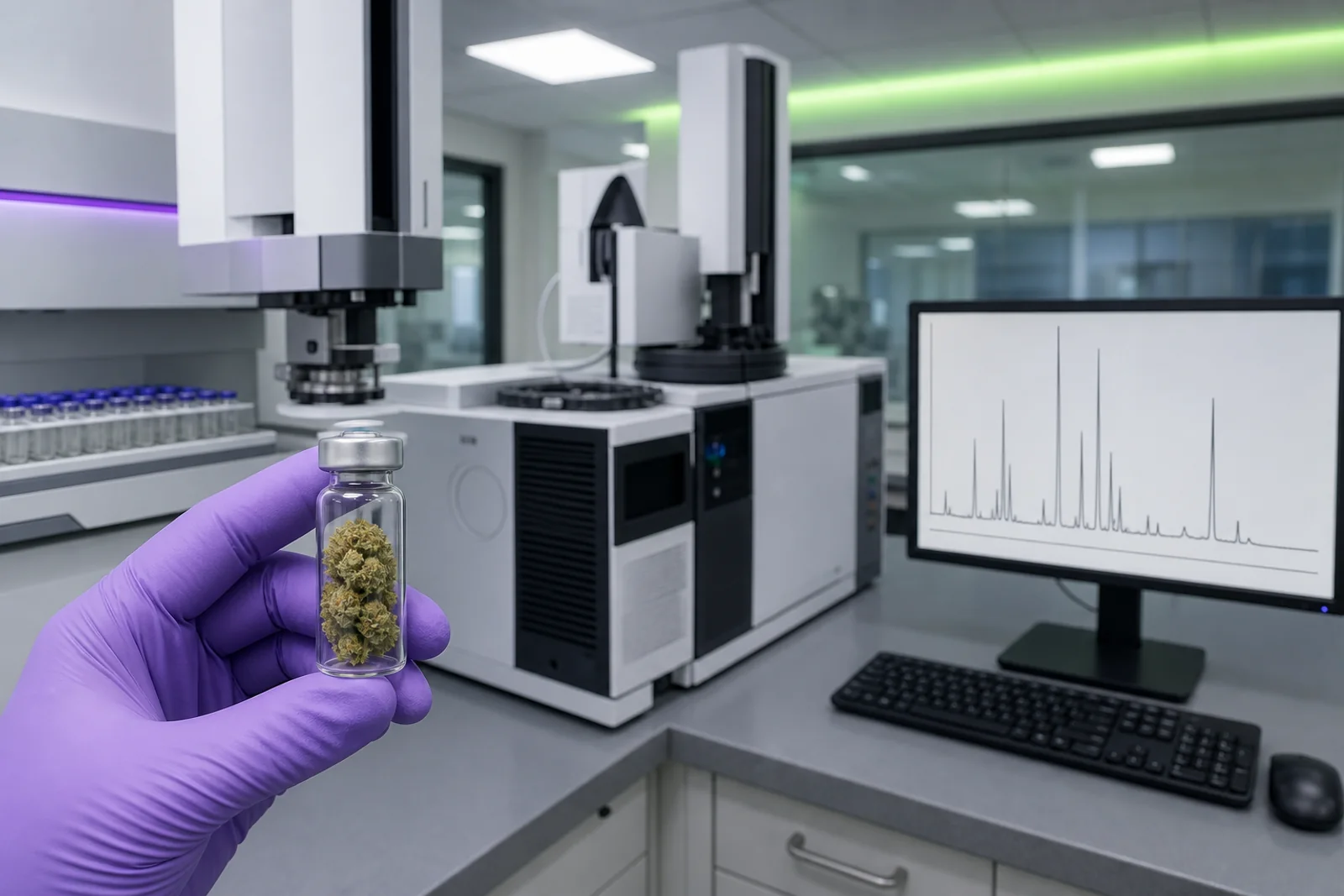 Gloved analyst holding a sealed cannabis sample beside gas chromatography laboratory equipment and a chromatogram