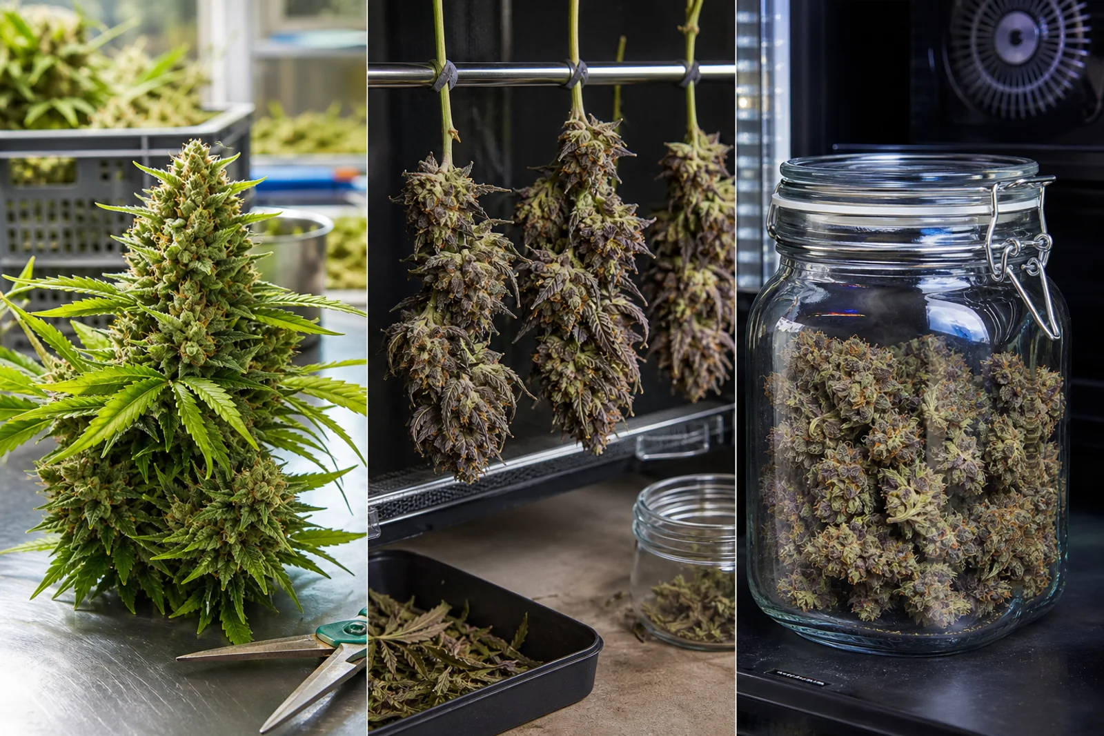 Three-stage view of cannabis at harvest, during controlled drying, and inside a sealed storage jar