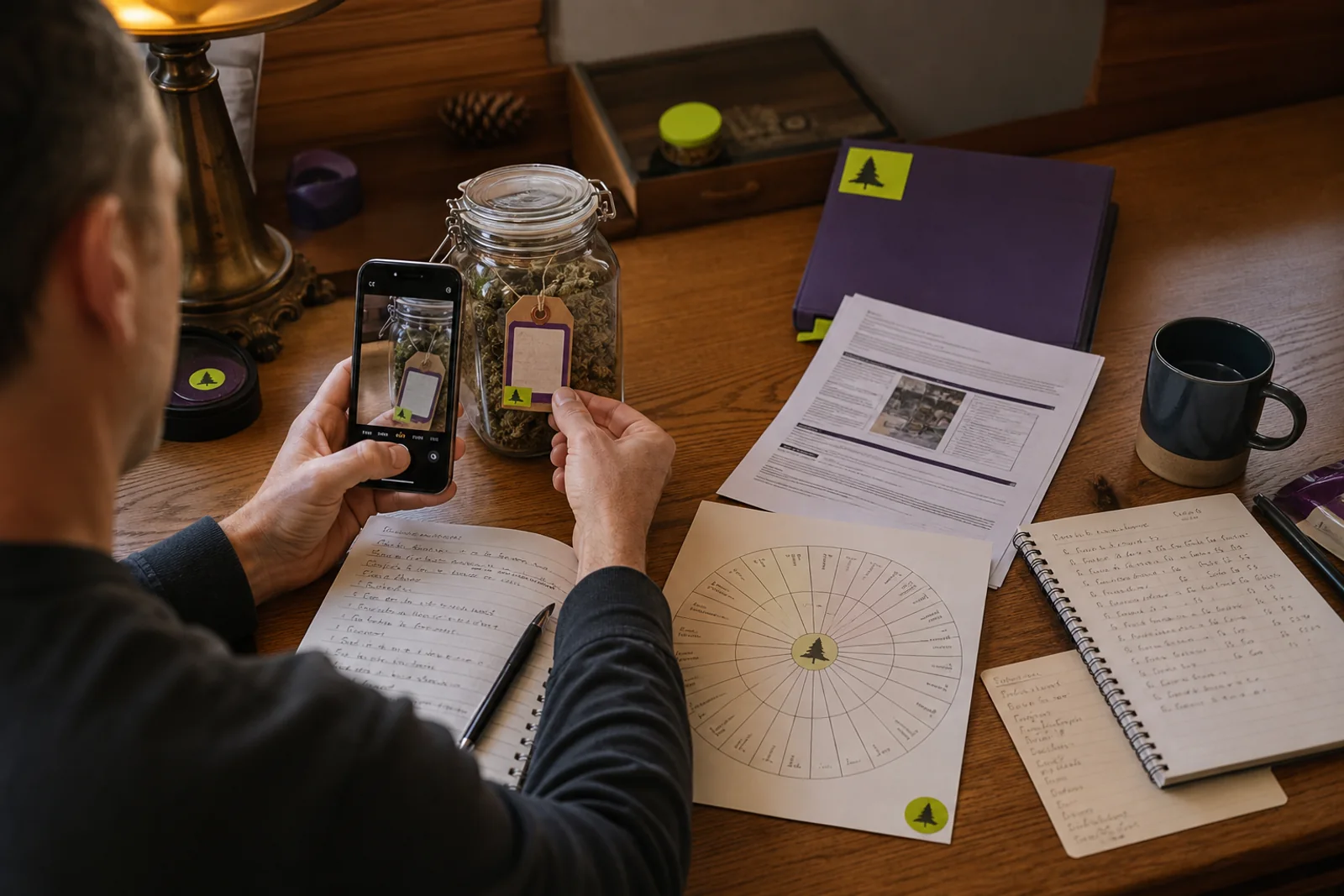 Adult documenting a cannabis batch label, aroma observations, laboratory report, and storage notes at a private desk