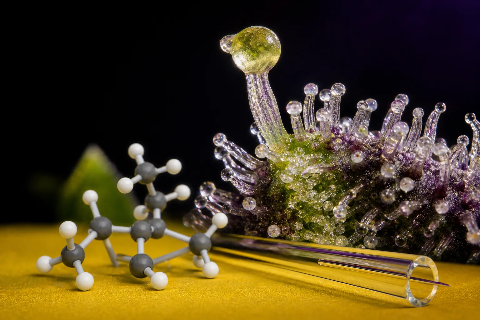 Macro of cannabis glandular trichomes with a molecular model of terpinolene and a GC capillary, color accents in deep purple, cream, yellow and acid green.