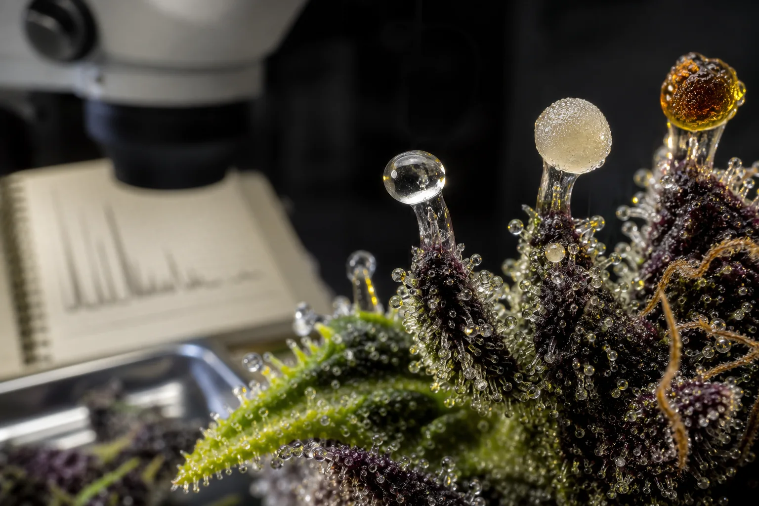 Macro photo of cannabis calyx showing clear, milky, and amber glandular trichome heads with laboratory props softly out of focus in the background.