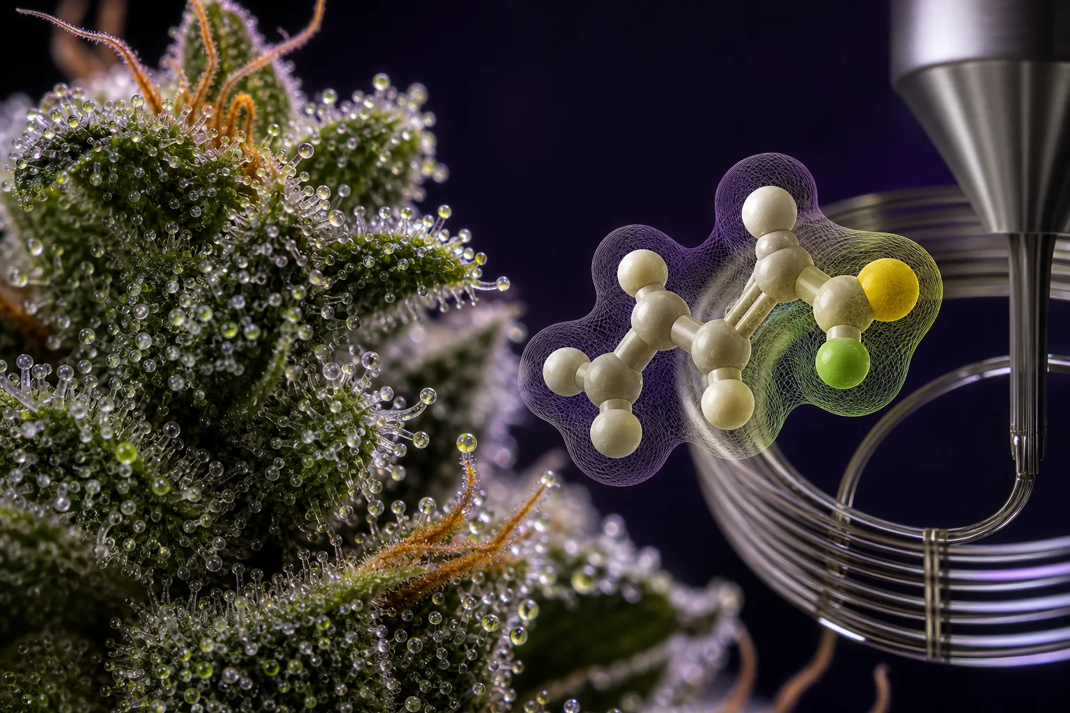 Macro cannabis bud and trichomes beside a rendered molecular model and chromatography column illustrating sulfur-containing aroma compounds.