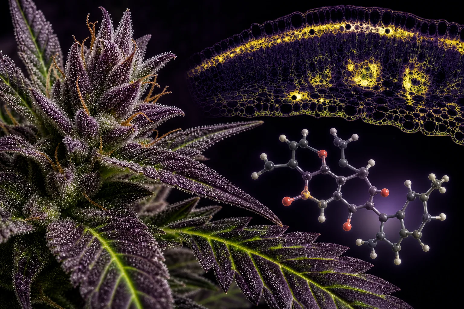 Macro of cannabis flower and leaf with a false-color tissue heatmap showing flavonoid localization and a translucent molecular model of a flavonoid.