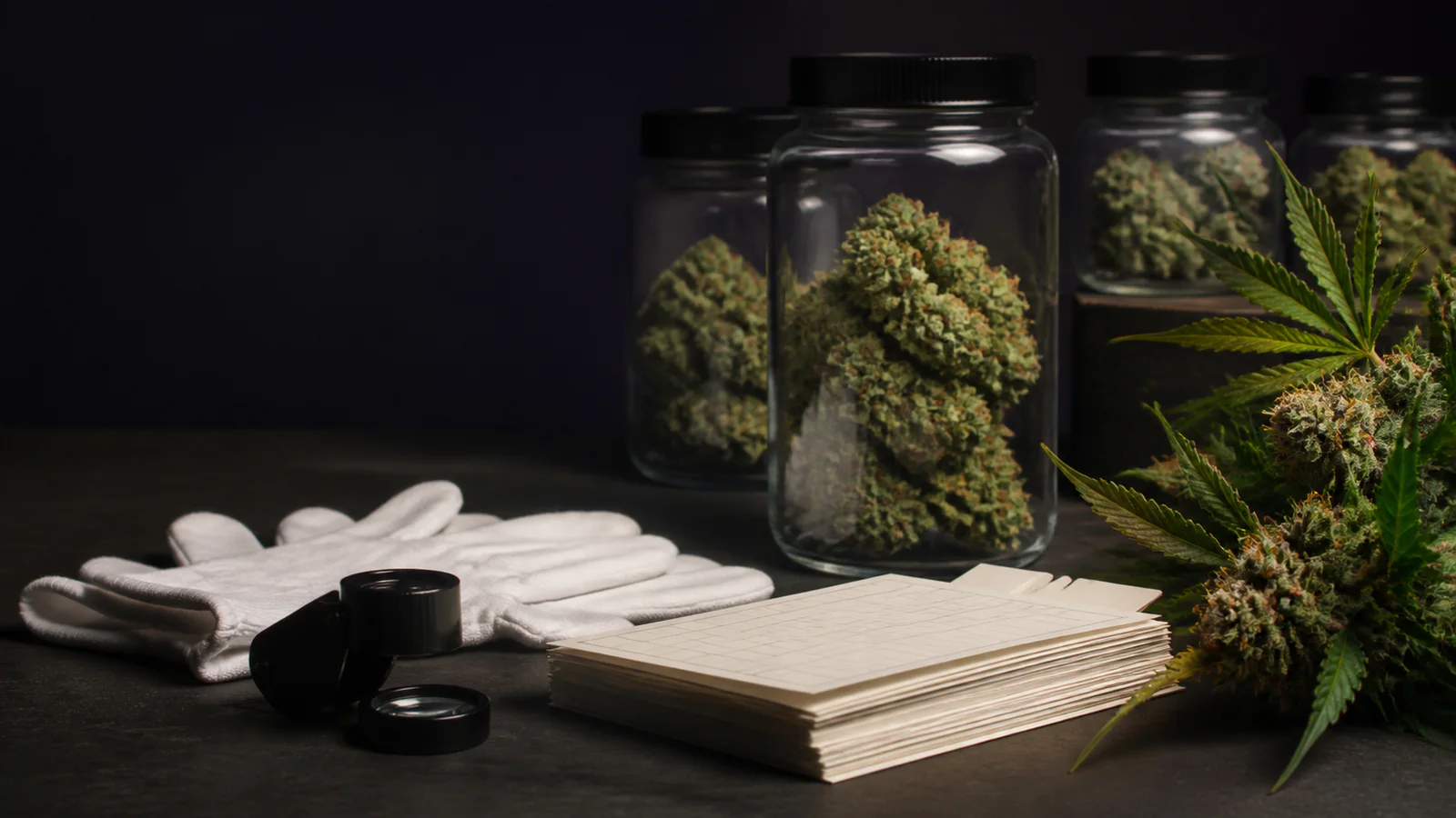 Sealed cannabis flower jars, gloves, loupe, and batch cards on a dark workbench