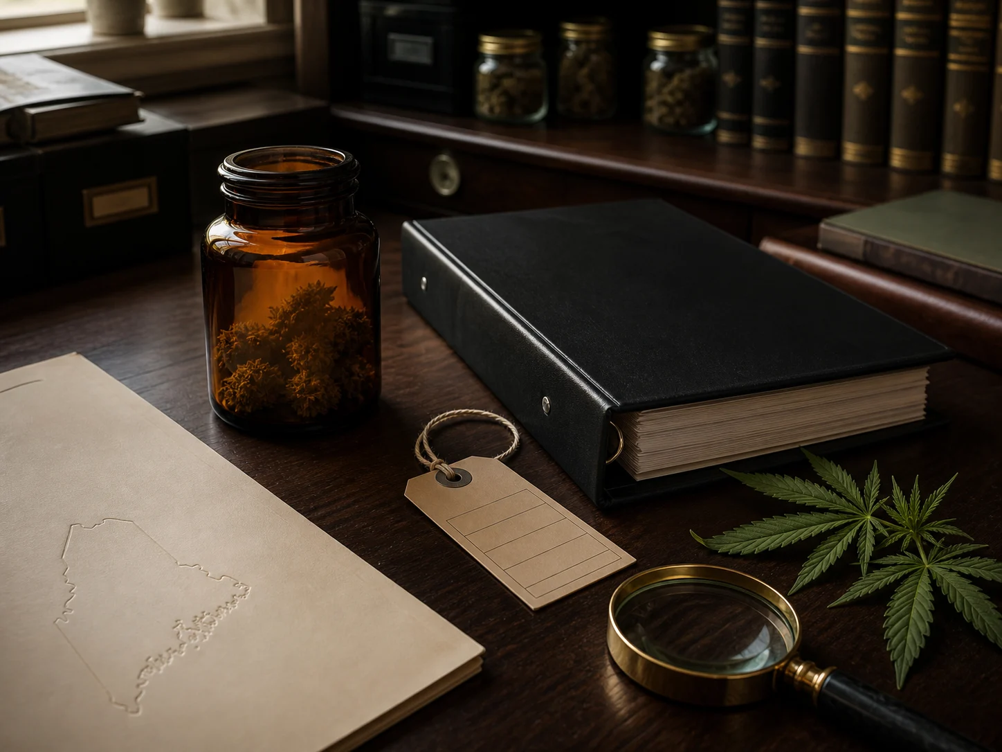 Maine cannabis regulatory archive with an amber specimen jar, record binder, batch tag, magnifying glass, and embossed Maine map