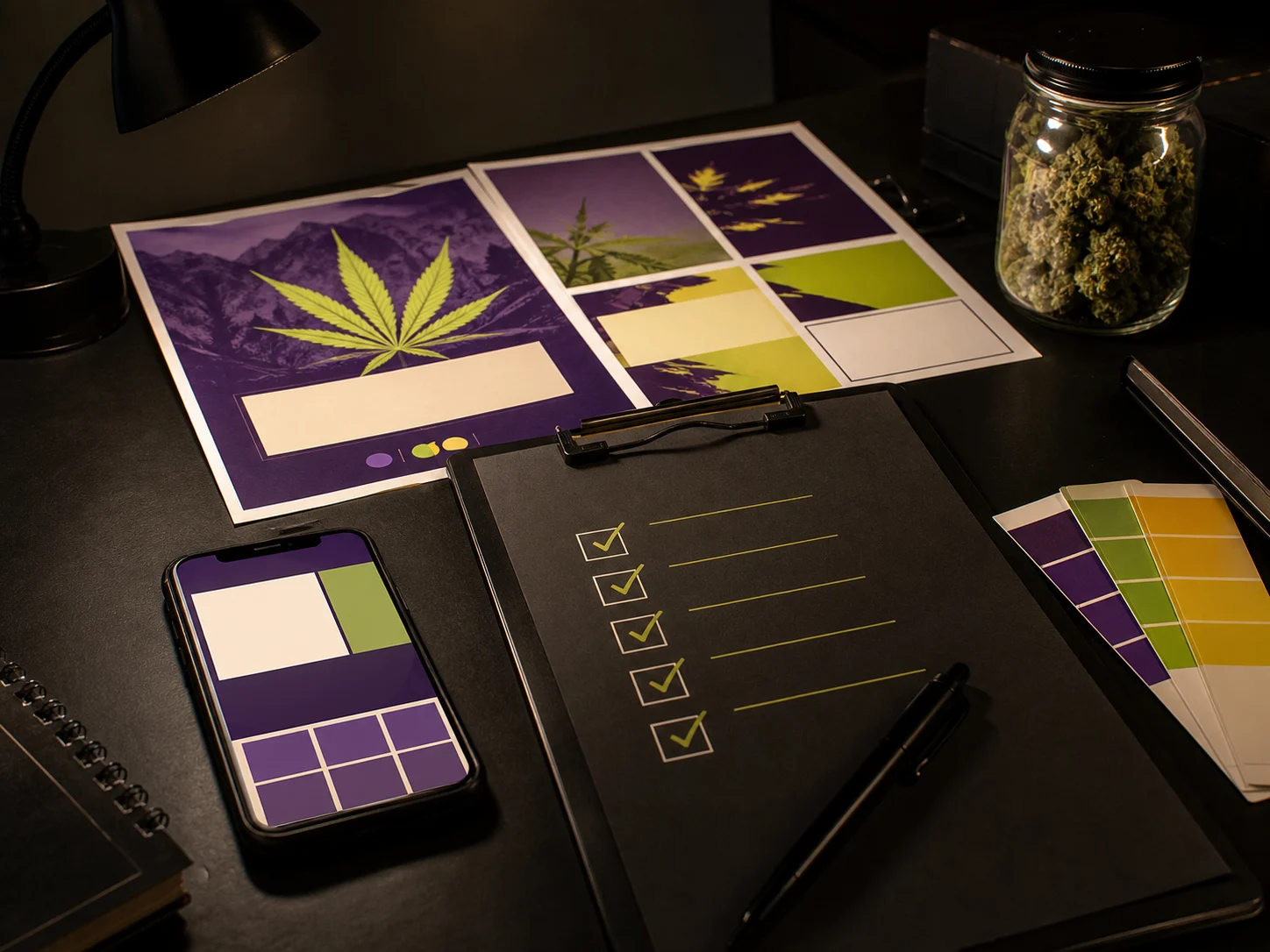 Cannabis advertising compliance desk with campaign layouts, an adult-focused creative checklist, color swatches, and a sealed flower jar