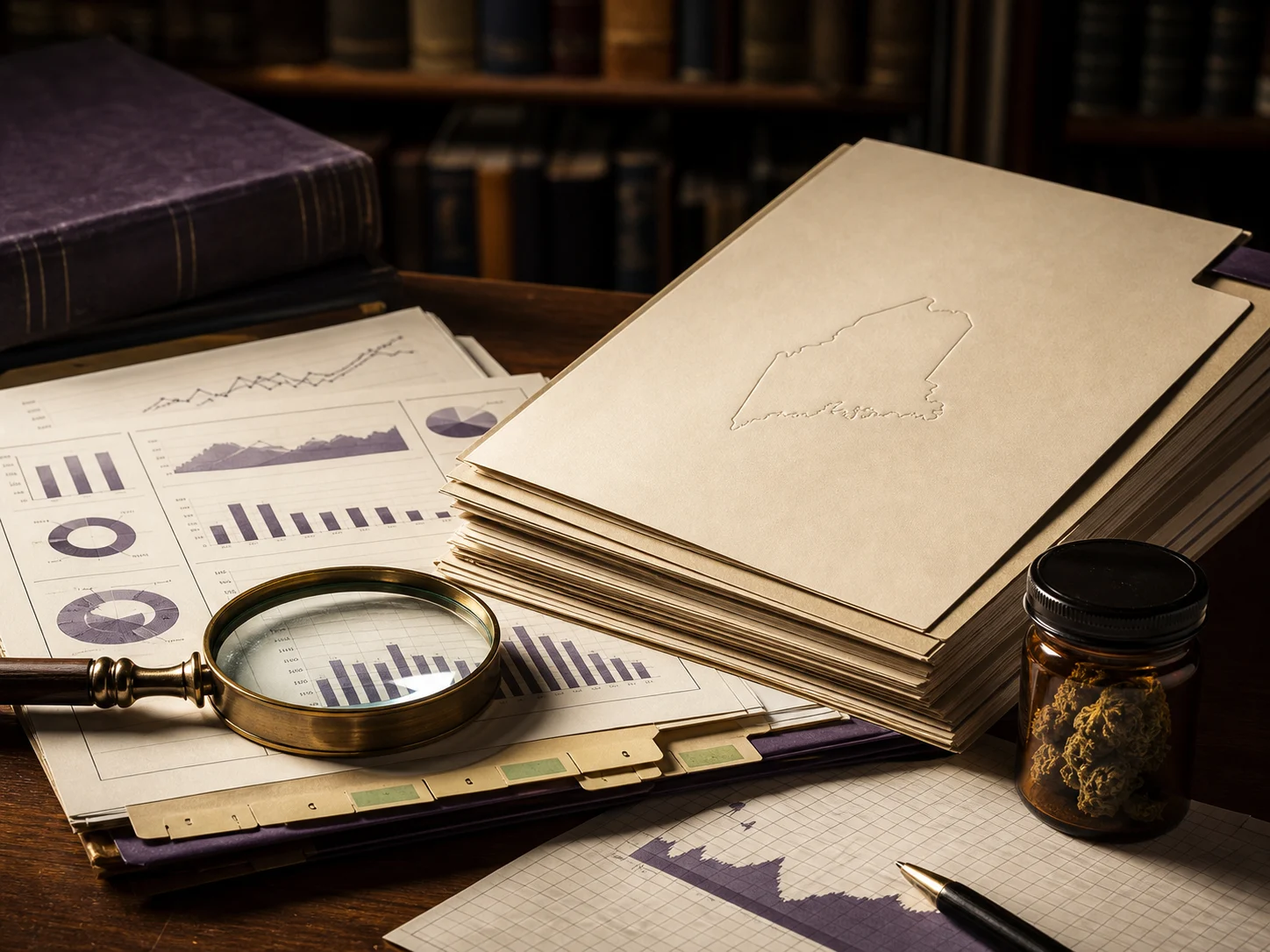 Maine cannabis annual-report archive with charts, folders, a magnifying glass, an embossed Maine map, and a specimen jar