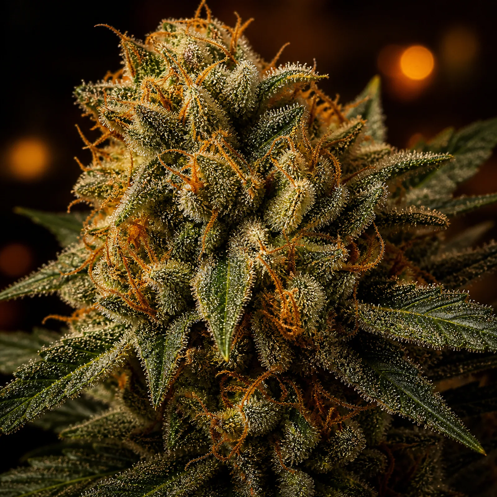 Representative macro view of a mature green cannabis flower with vivid orange pistils and dense trichomes