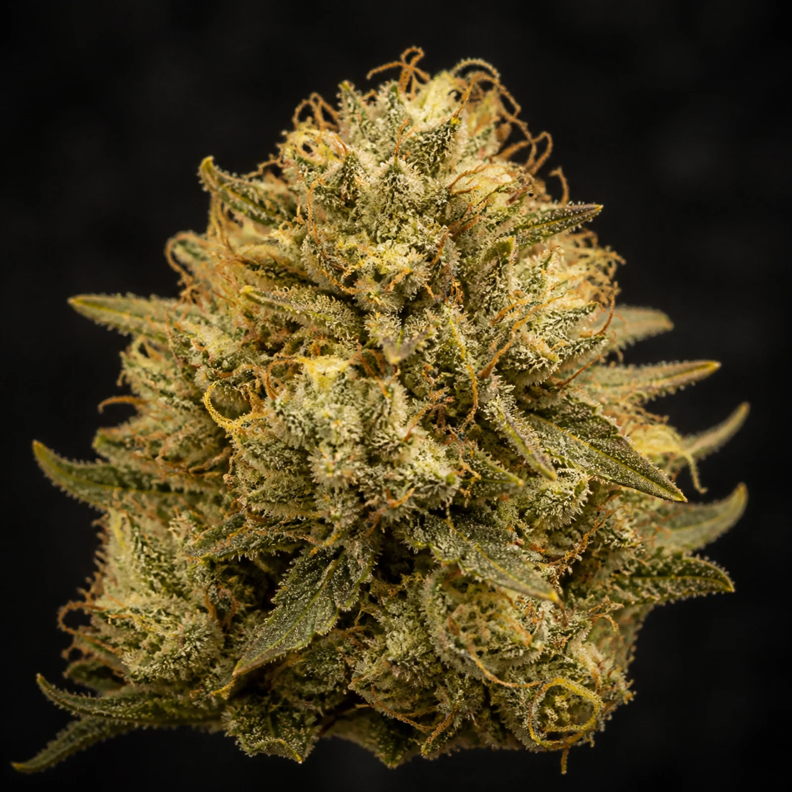 Representative macro view of a mature Banana Kush-style cannabis flower with sage-green leaves, amber pistils, and dense trichomes; not a verified cultivar photograph