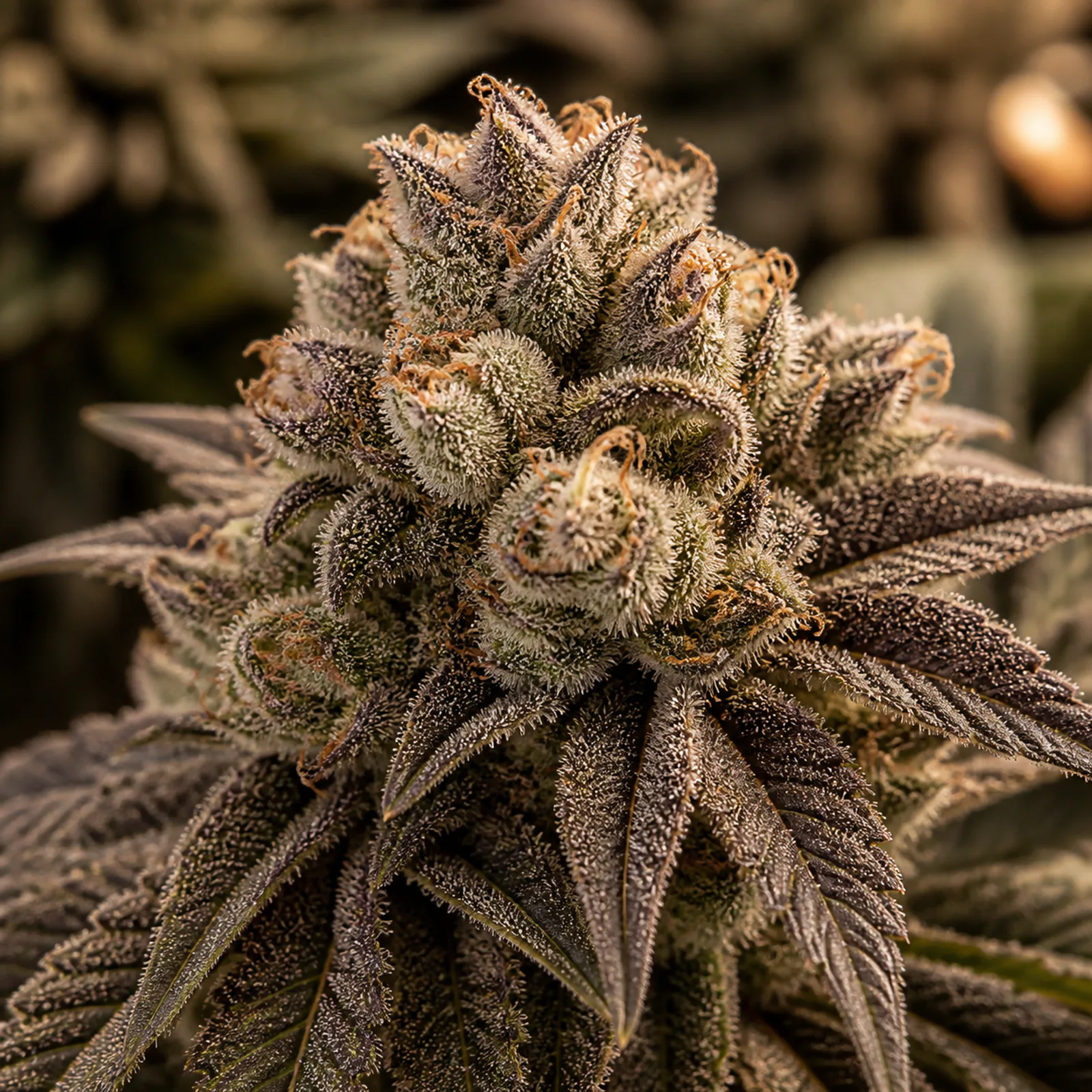 Representative macro view of a compact frosty cannabis flower with olive-green and muted plum tones, copper pistils, and dense trichomes