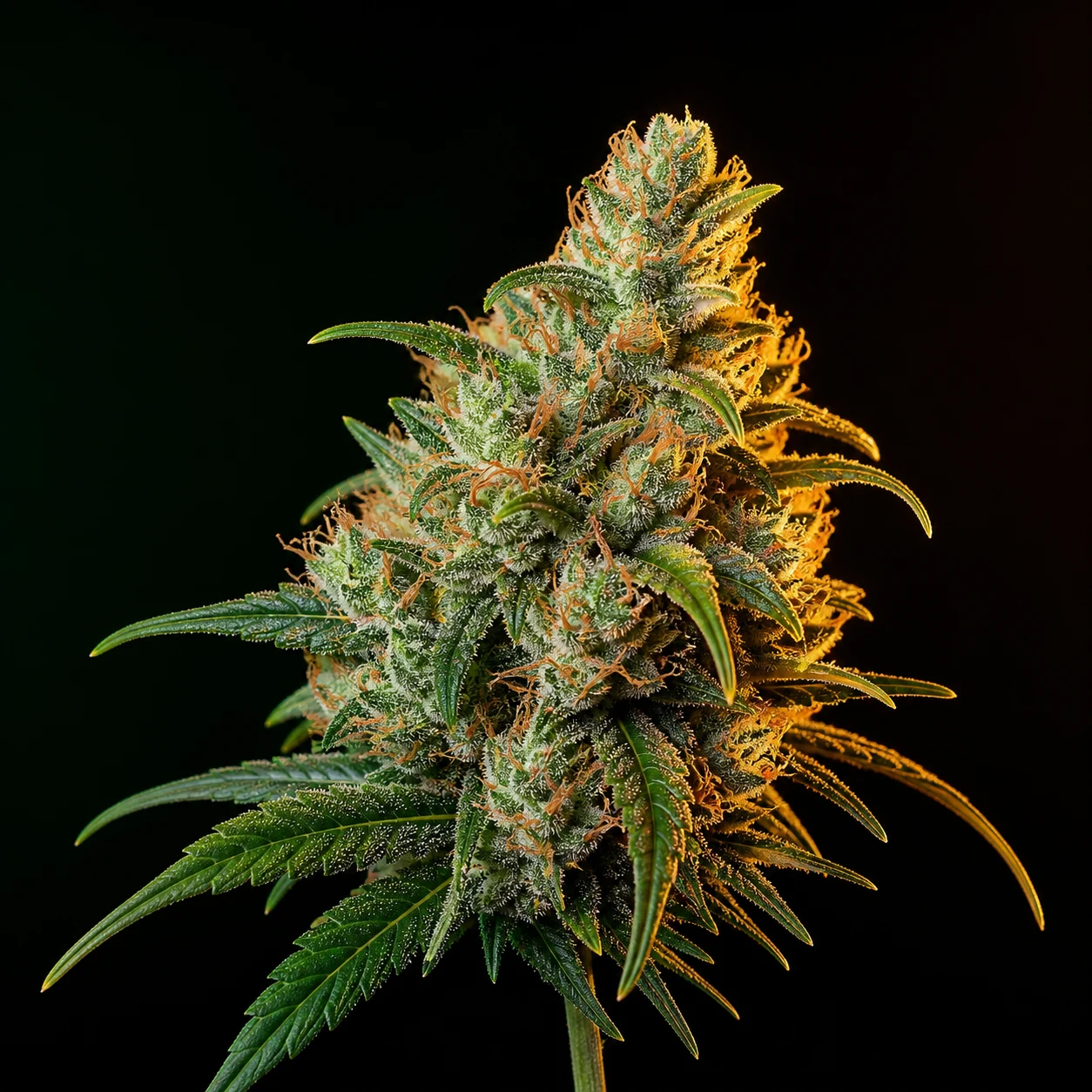 Representative high-resolution macro of a mature cannabis flower selected for the citrus-forward cultivar family; not a verified photograph of Clementine