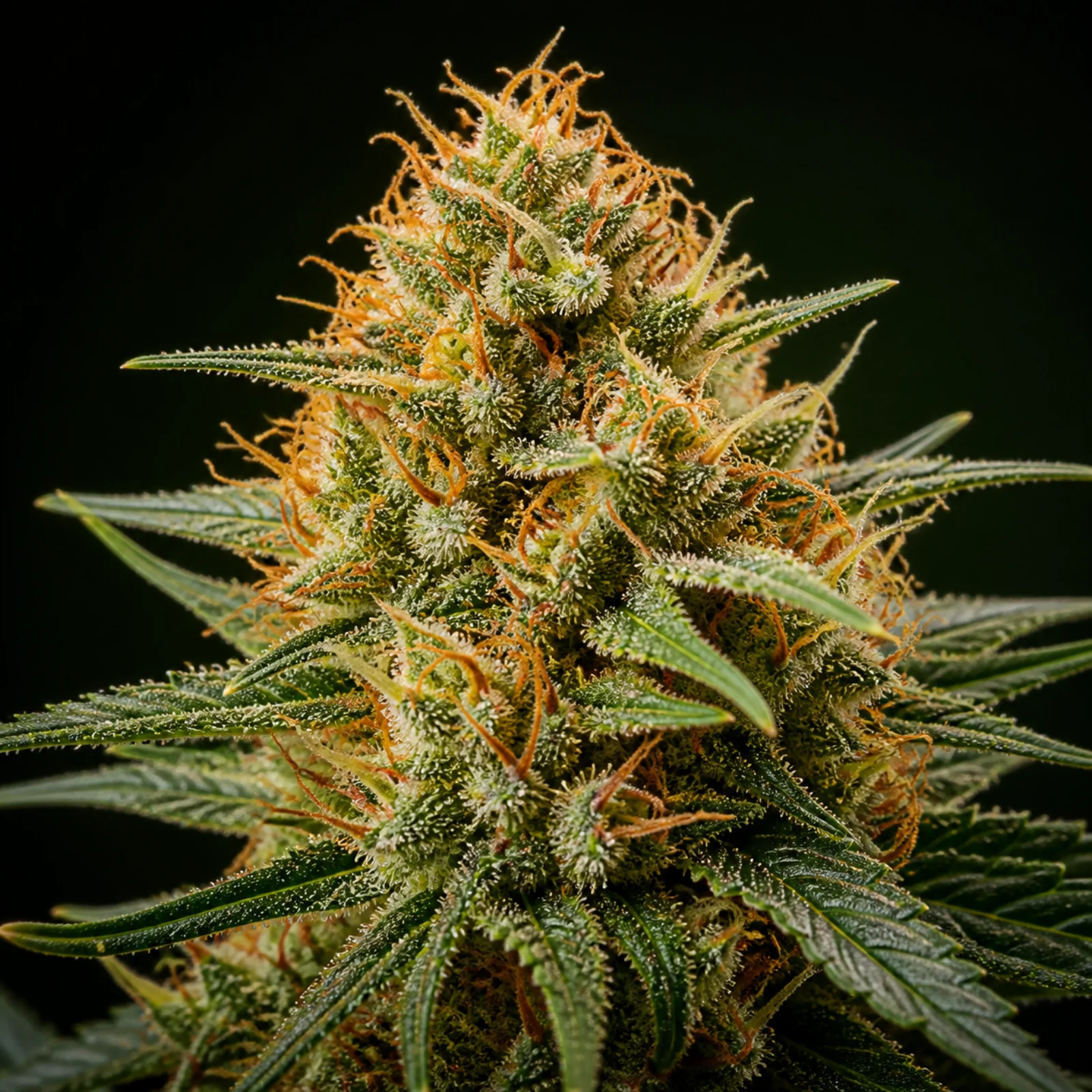 Representative high-resolution macro of a mature cannabis flower selected for the citrus-forward cultivar family; not a verified photograph of 24K Gold
