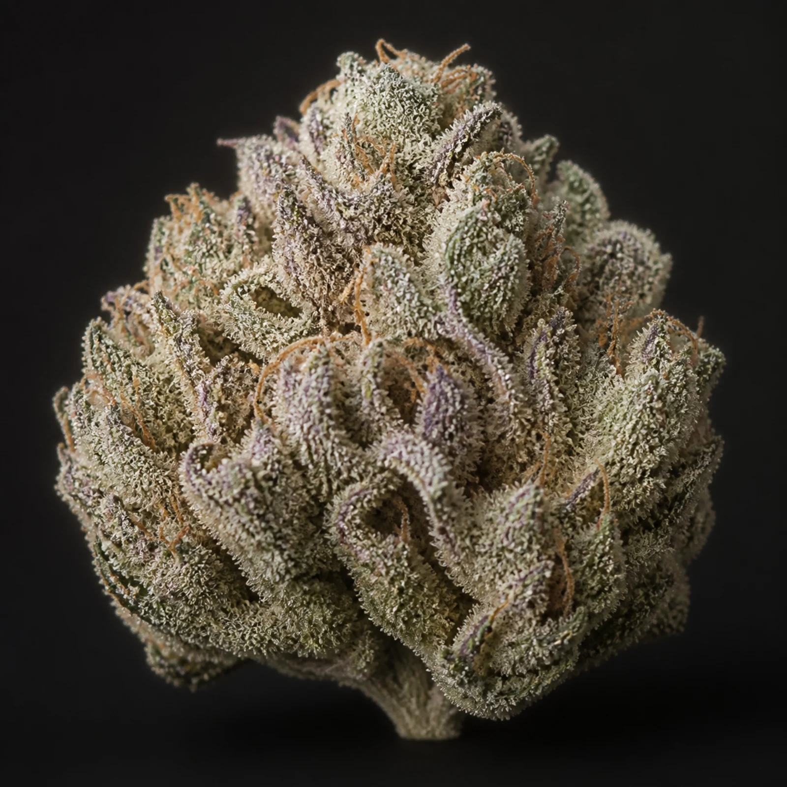 Representative high-resolution macro of a mature cannabis flower selected for the dessert and frost-forward cultivar family; not a verified photograph of Animal Mint Cake